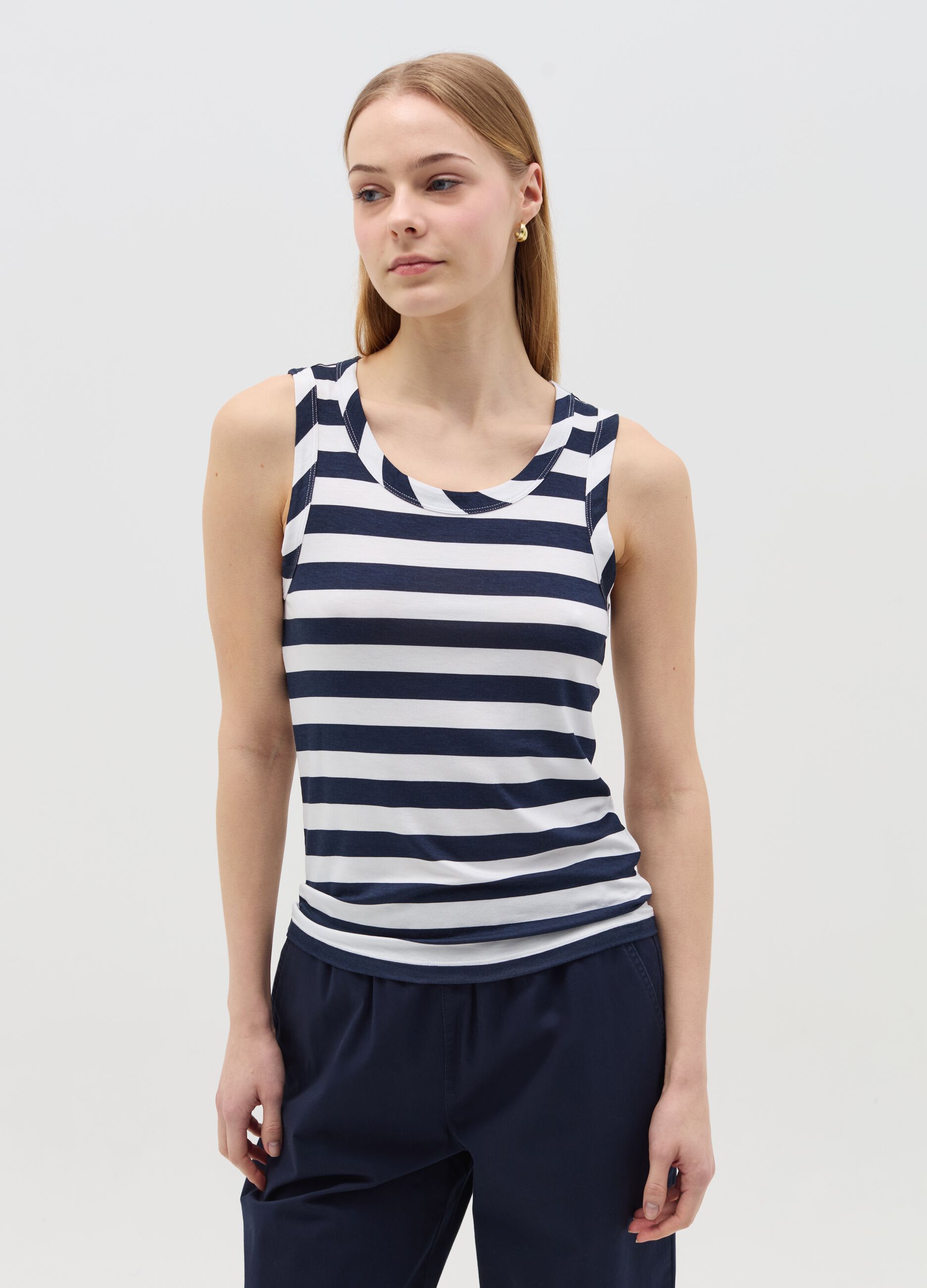 Blue and white striped tank top in stretch viscose