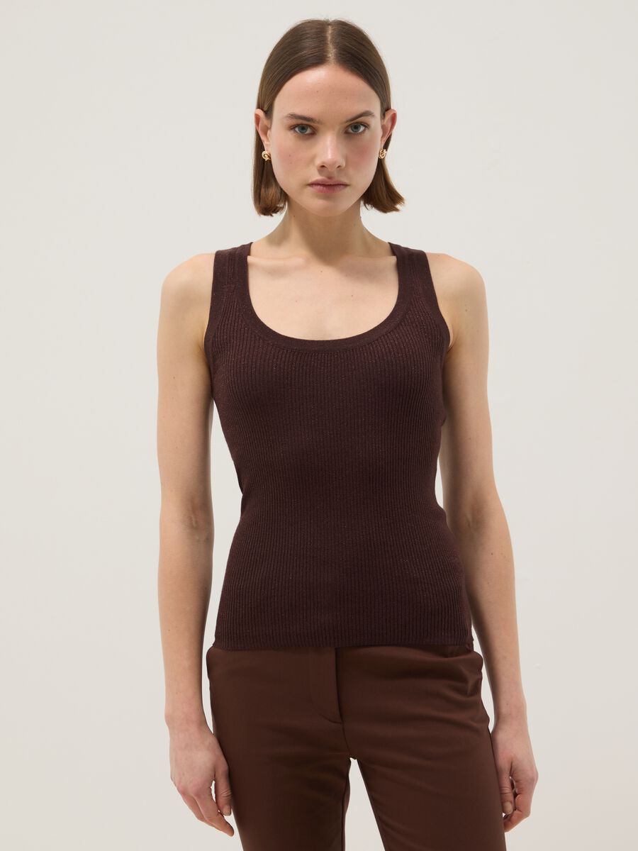 Brown viscose blend fitted tank top_1