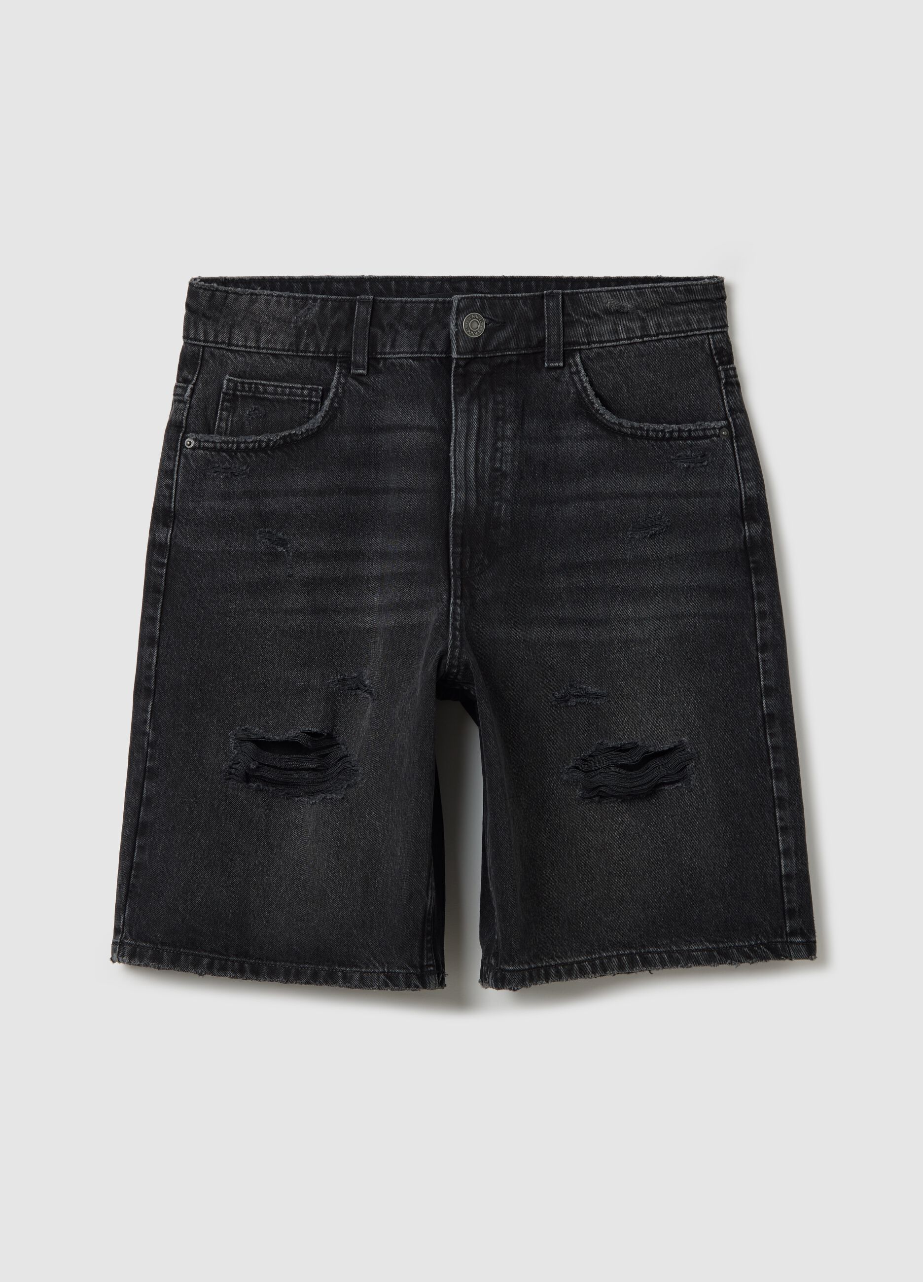 Black denim shorts with ripped details
