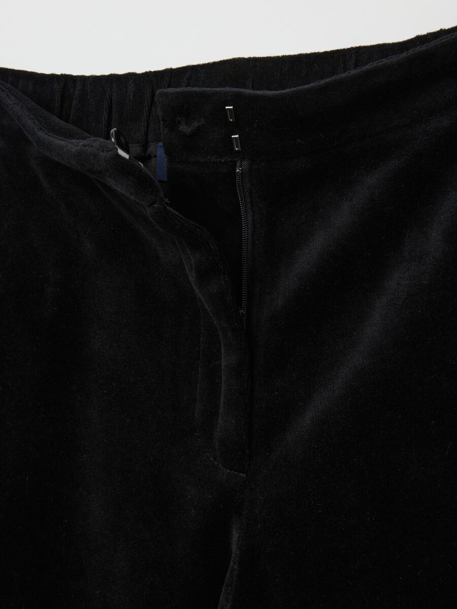 Regular fit black cotton and velvet blend trousers_1