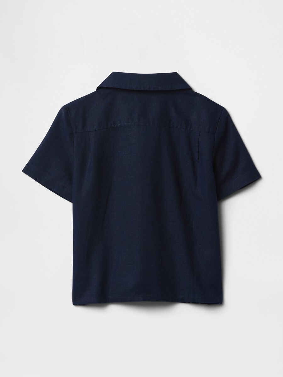Navy blue short sleeve shirt with floral embroidery_2