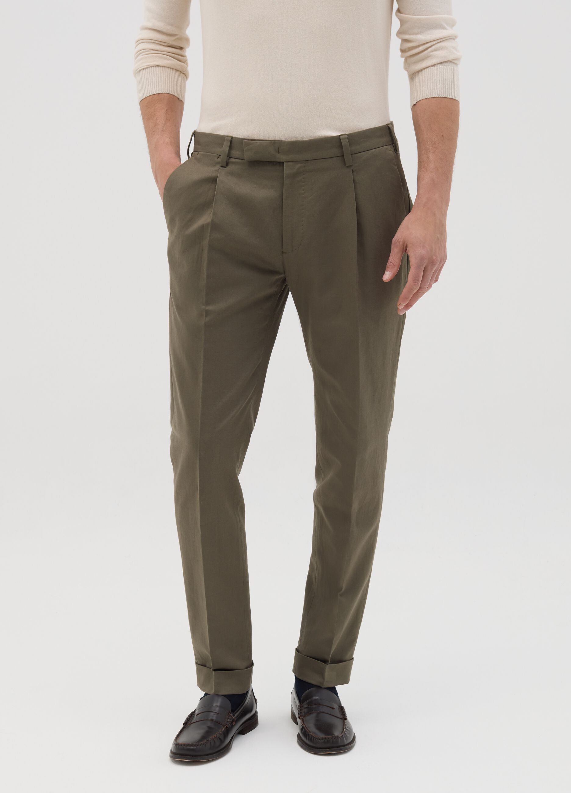 Pantaloni chino da uomo in misto cotone e lino verde regular fit