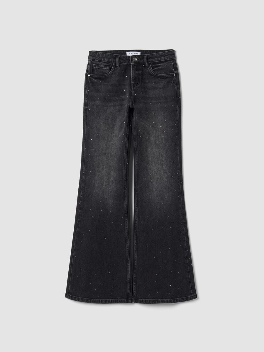 Jeans neri bootcut in cotone elasticizzato con strass_0