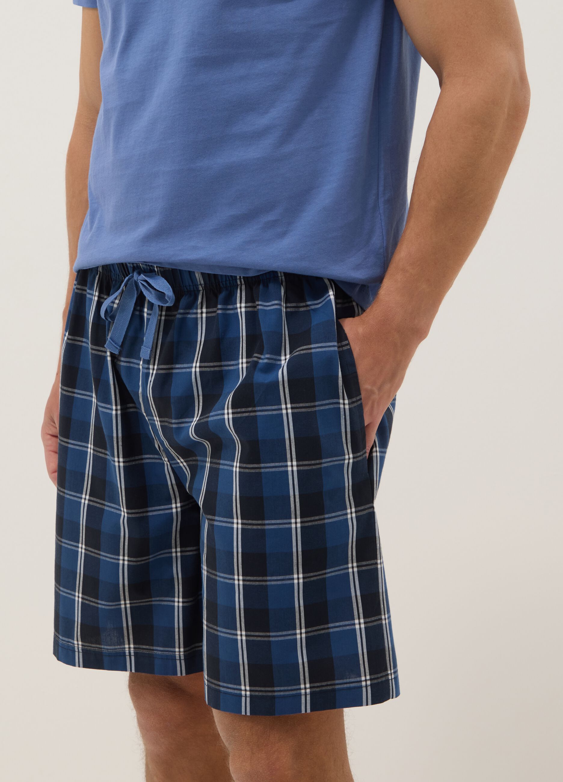 Regular fit short blue checked pure cotton pyjamas