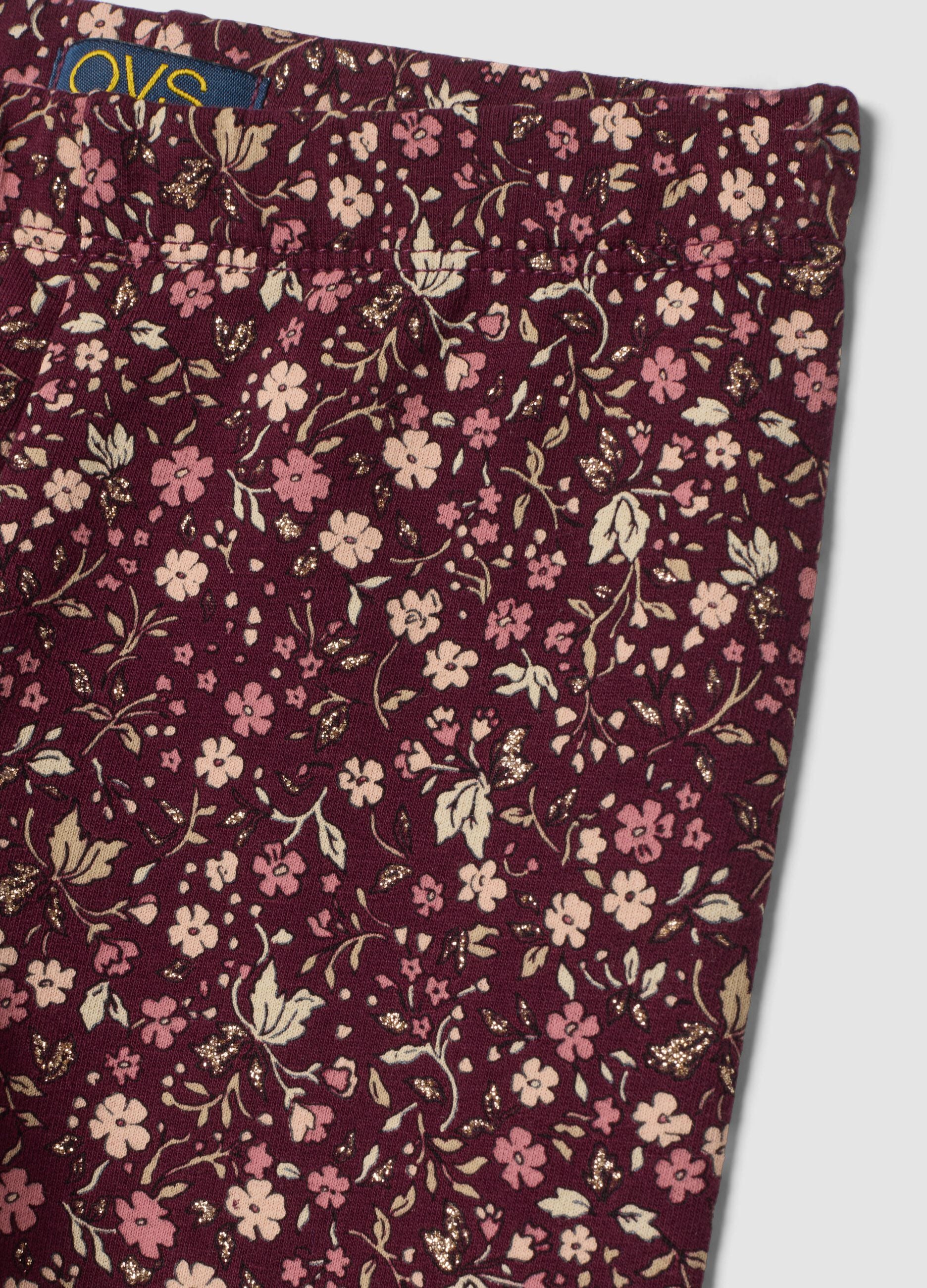 Leggings viola skinny in cotone organico elasticizzato con fantasia floreale