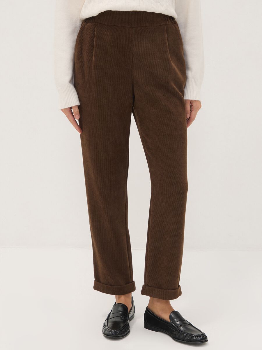 Dark brown ribbed stretch-fabric regular-fit trousers_1