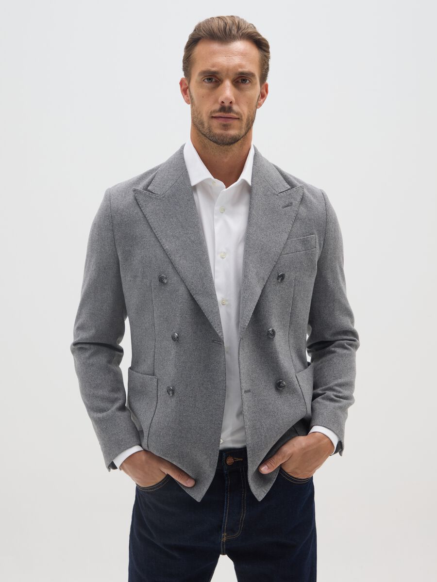 Grey Wool Blend Slim Fit Blazer_0