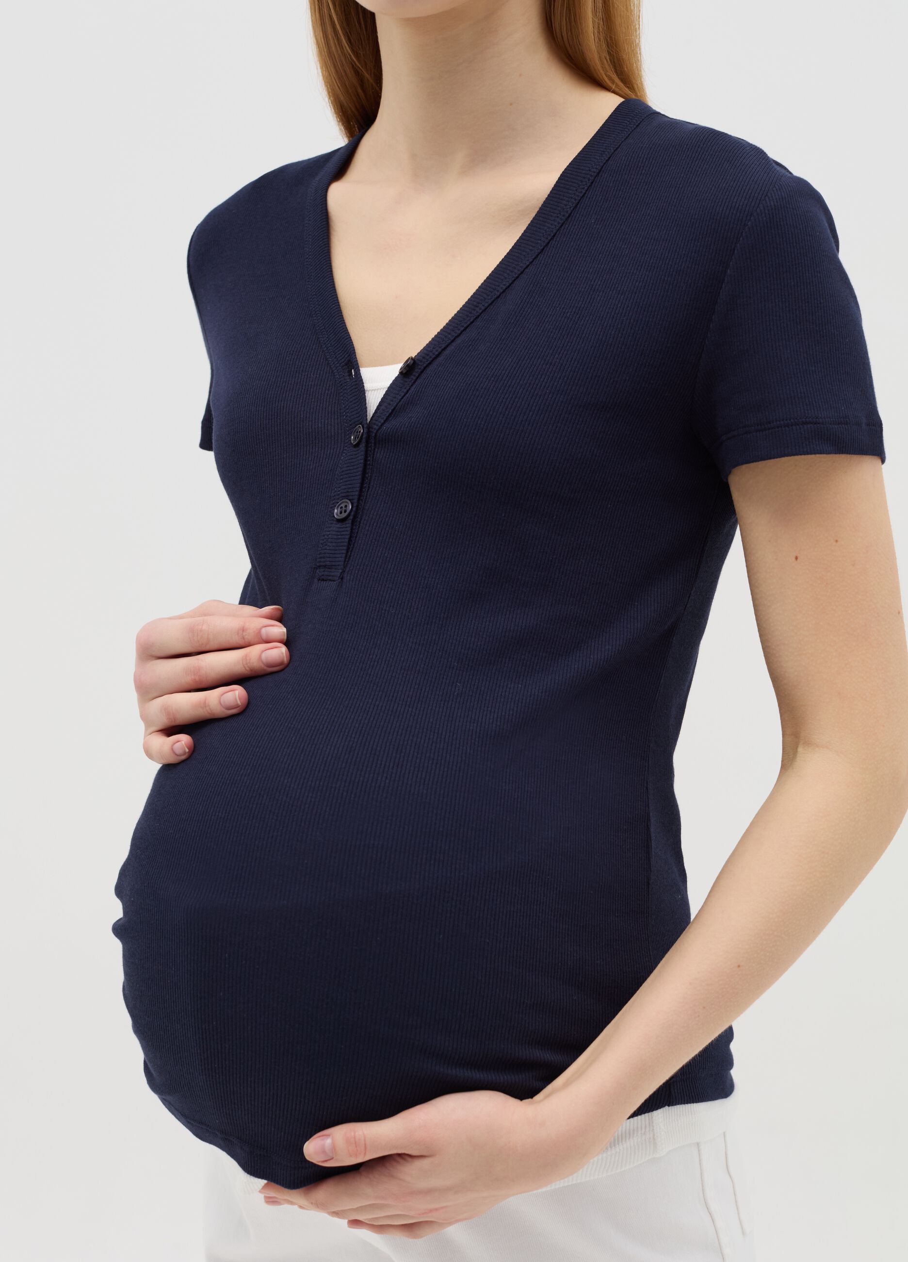 Ribbed maternity T-shirt with granddad neckline