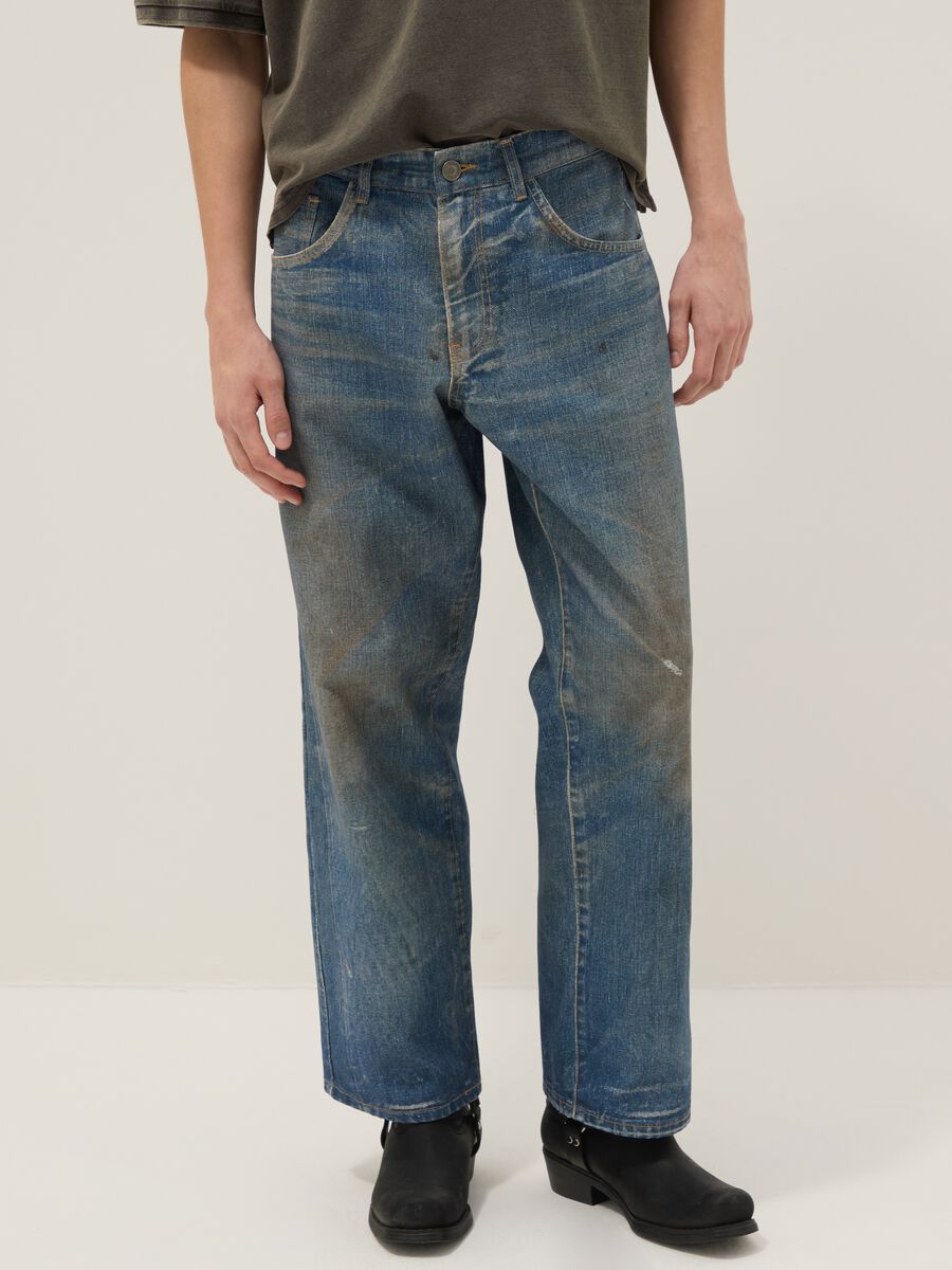 Jeans baggy in puro cotone denim con stampa vintage_1