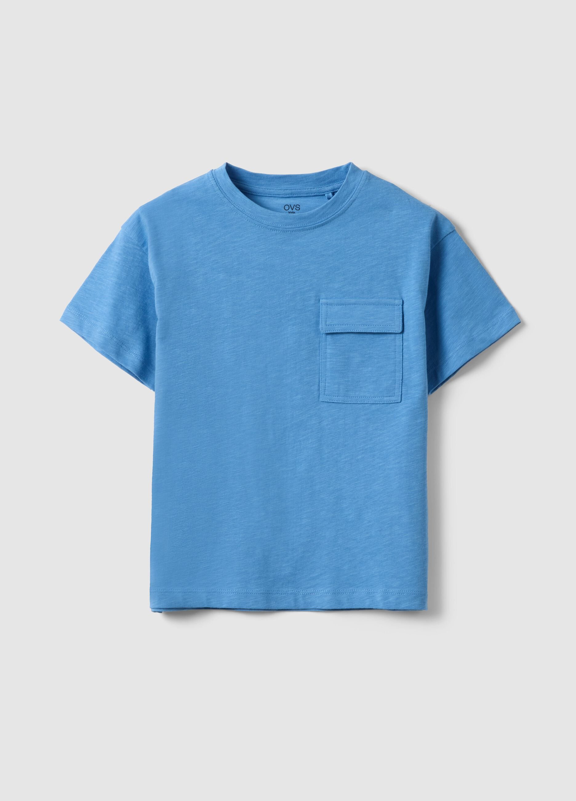 Children's sky blue pure cotton T-shirt, regular fit with pocket