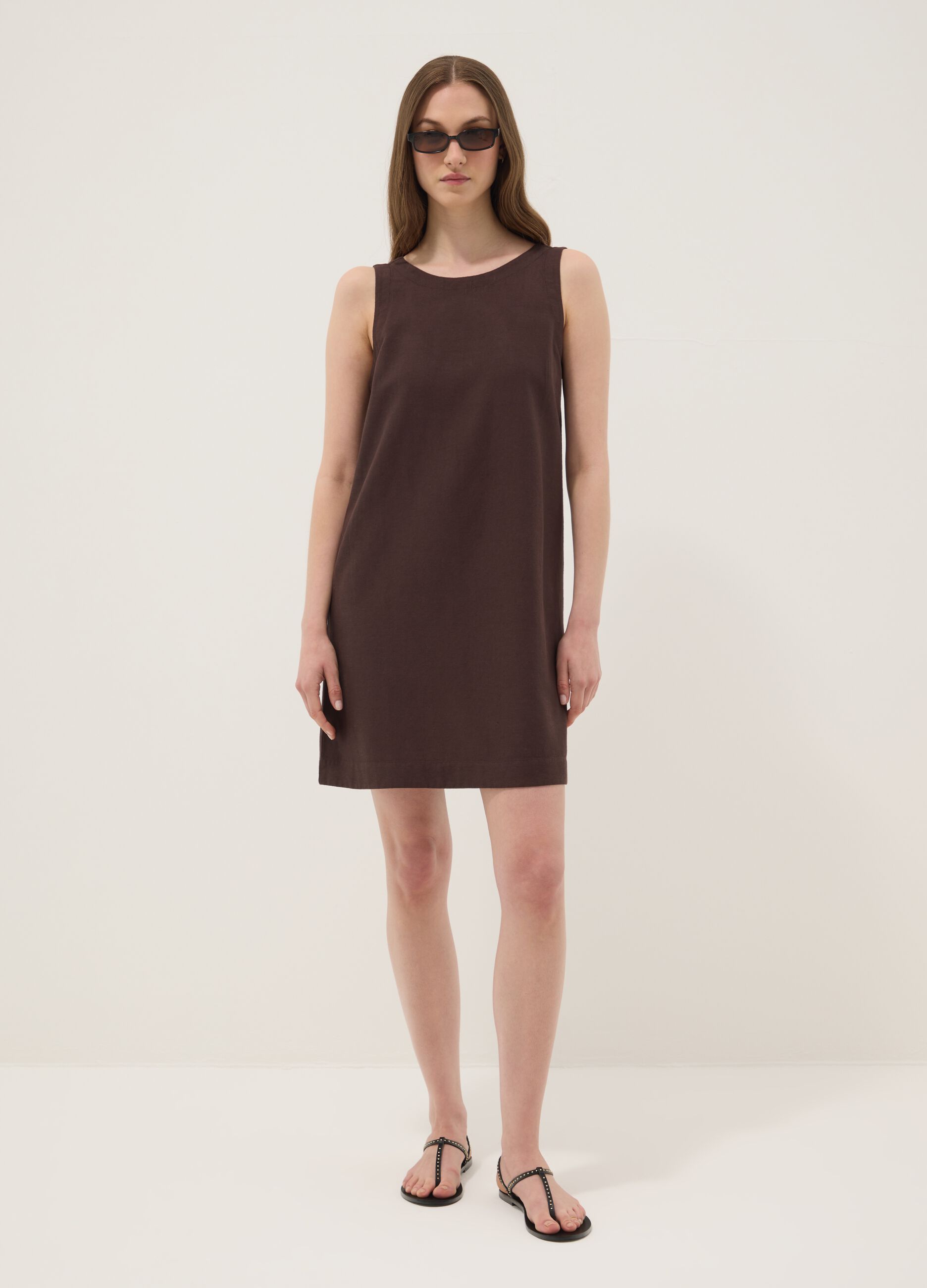 Brown regular-fit dress in a viscose, cotton and linen blend