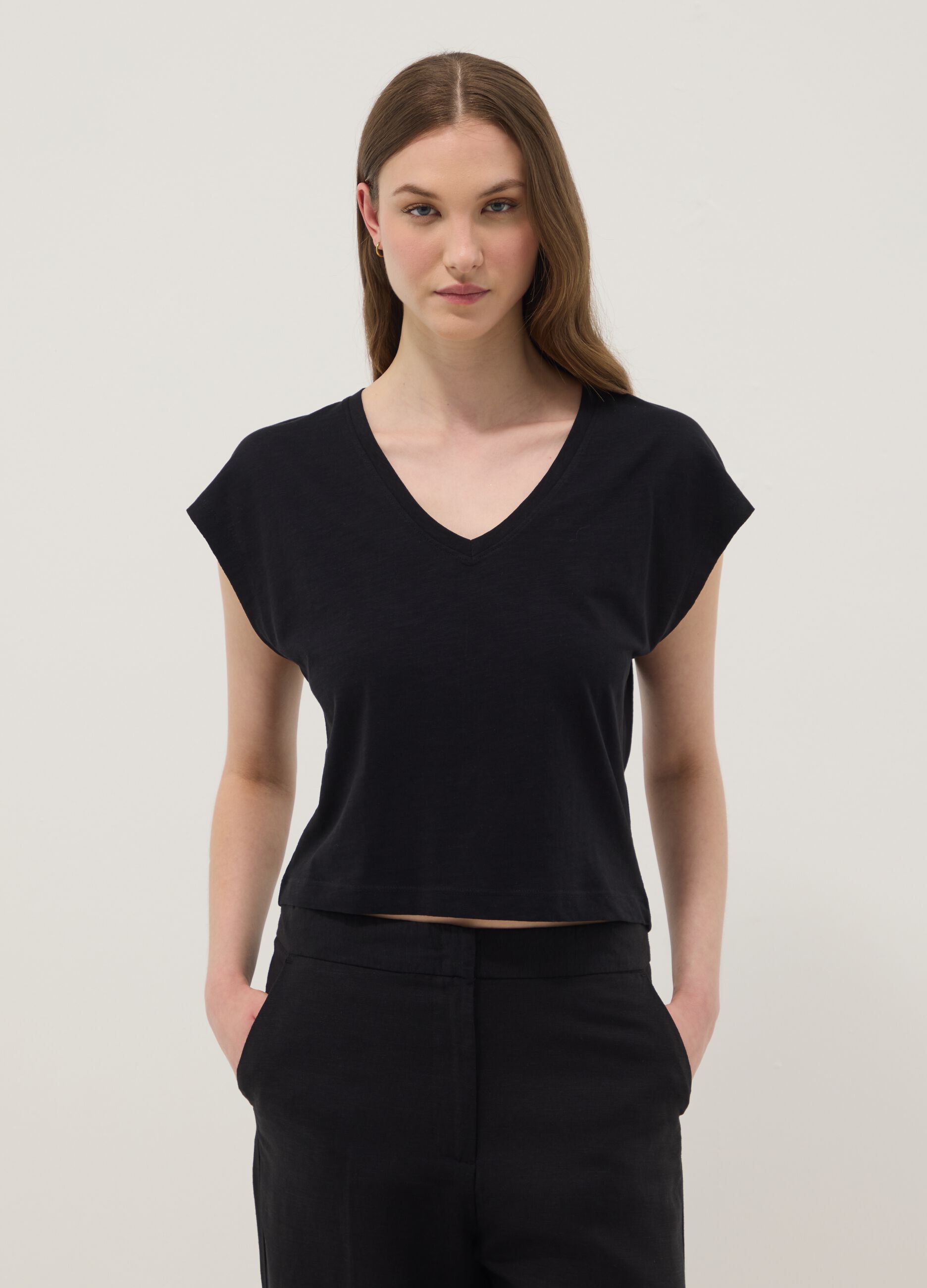 Blue pure cotton V-neck T-shirt