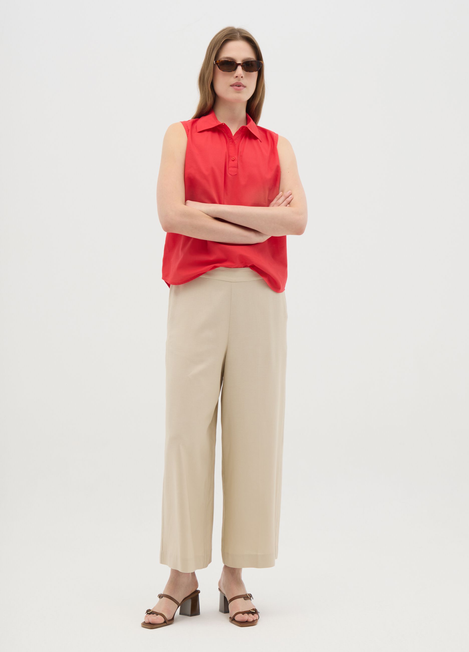 Women's Sleeveless Red Pure Cotton Shirt Regular Fit