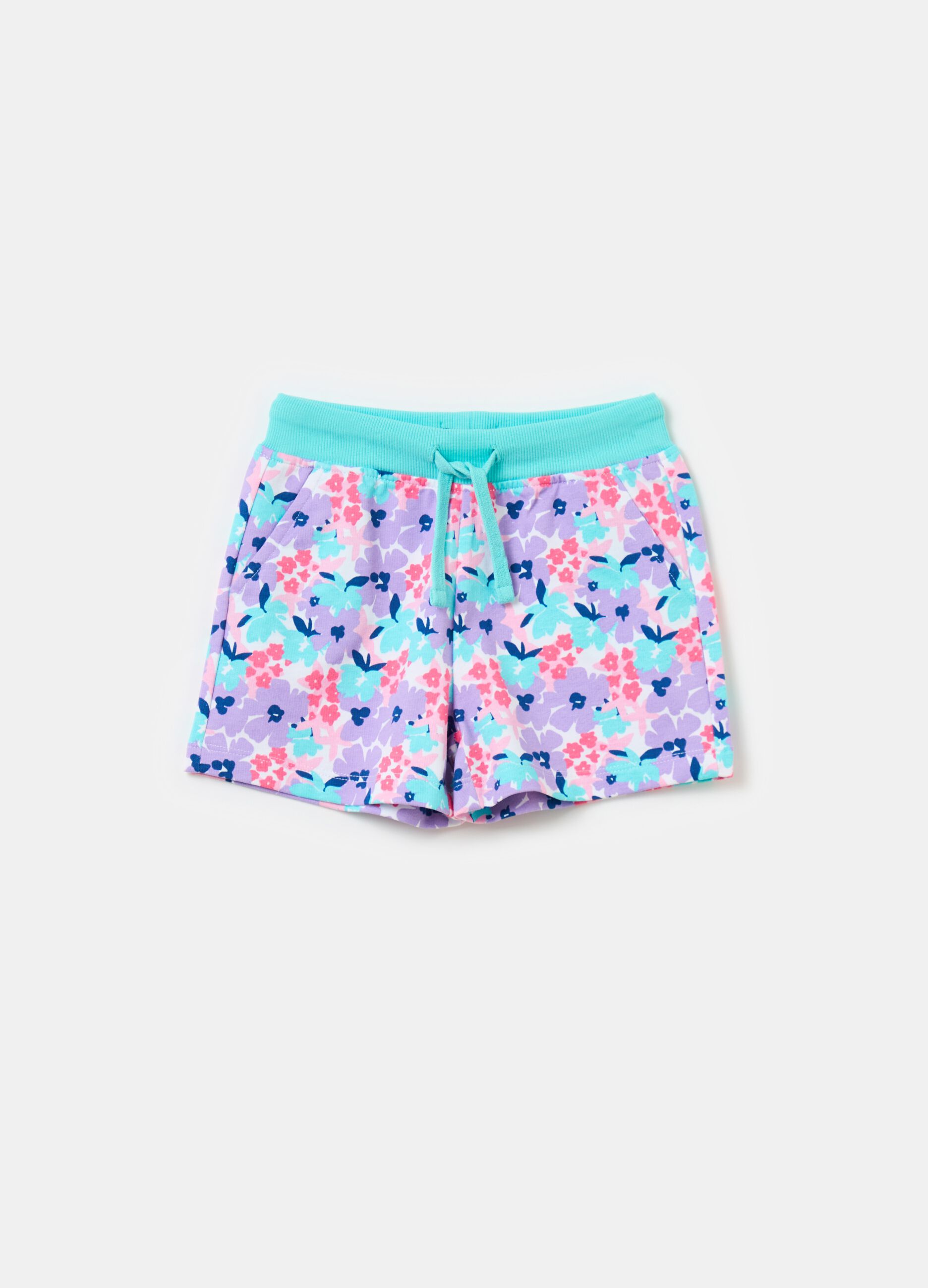 Shorts with drawstring and small flowers print