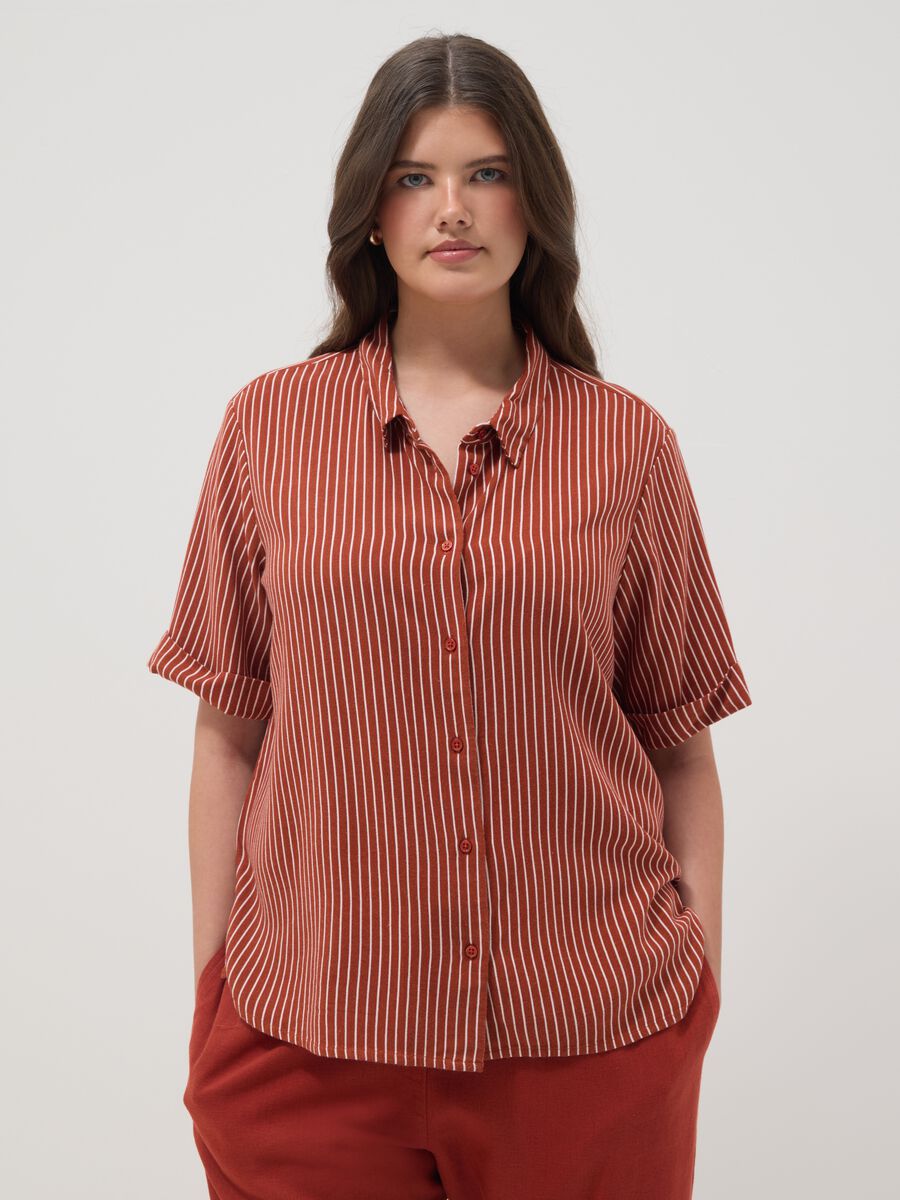 Camicia in misto viscosa e lino a righe multicolor regular fit_1