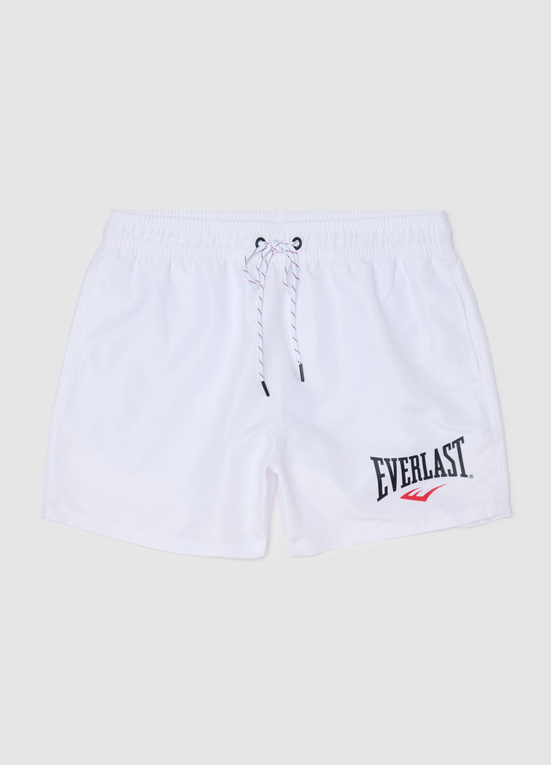 White swimming trunks with logo print
