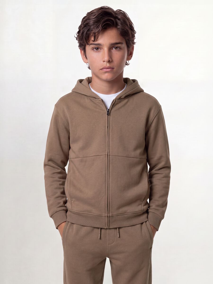 Felpa beige con cappuccio e zip in puro cotone organico per ragazzo relaxed fit_0