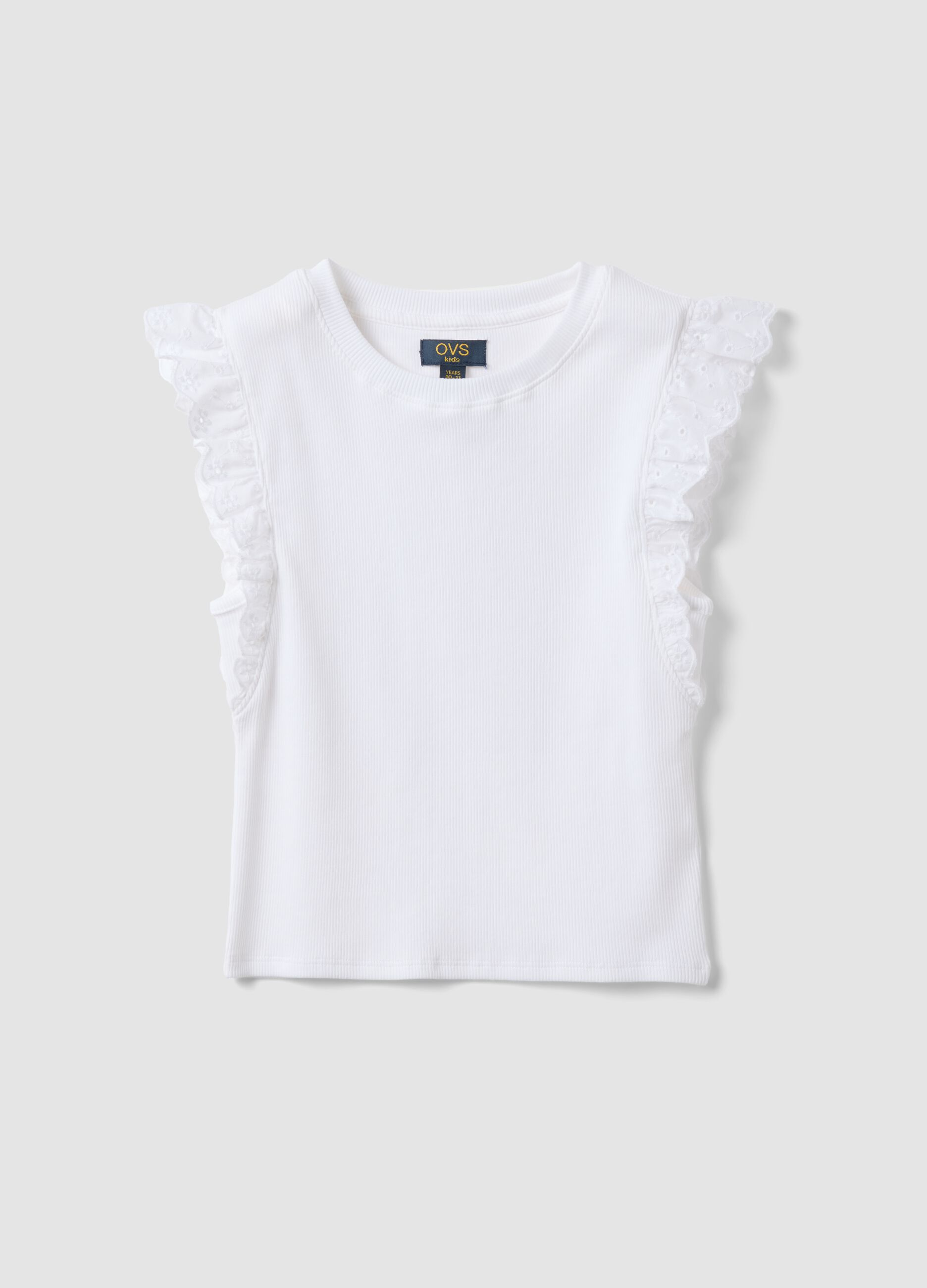 White stretch-cotton T-shirt with ruffle sleeves