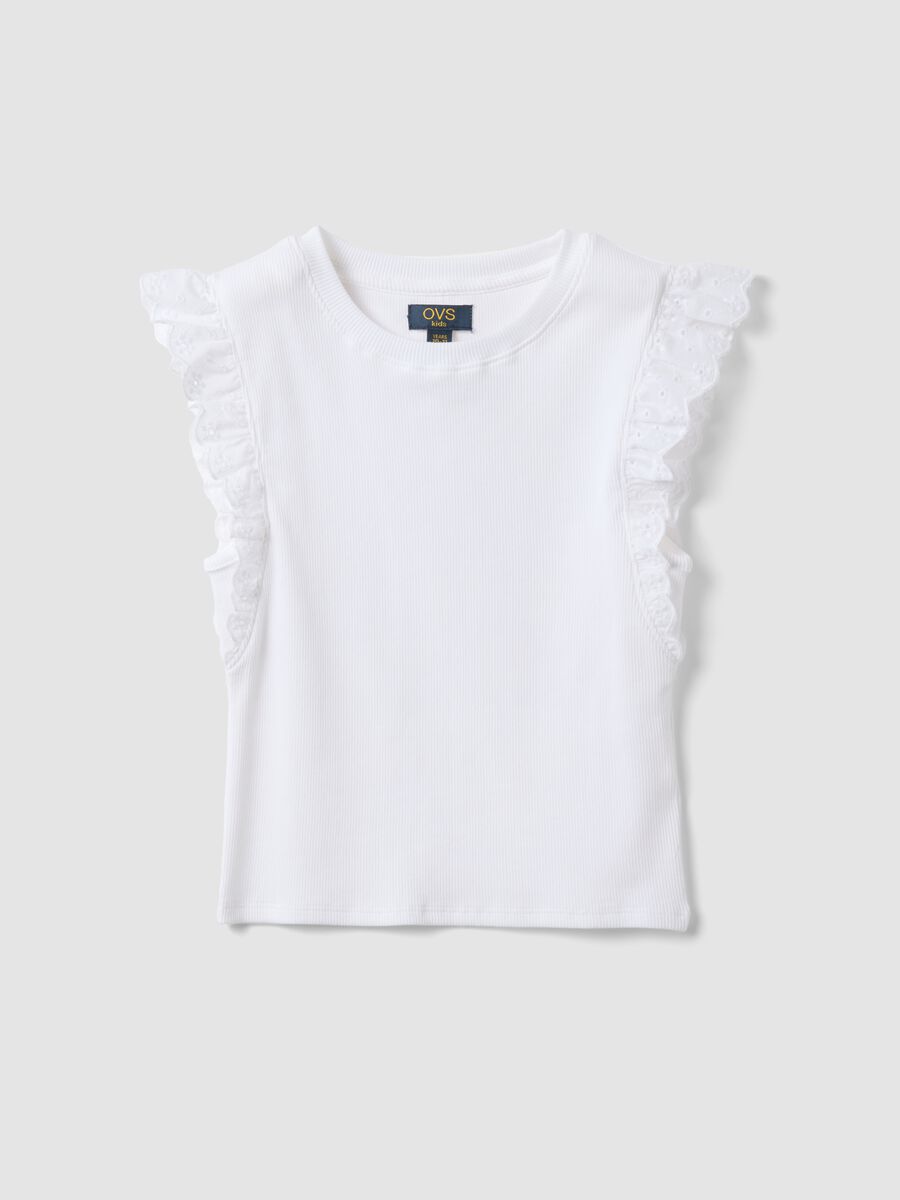 T-shirt bianca in cotone elasticizzato con volant_0