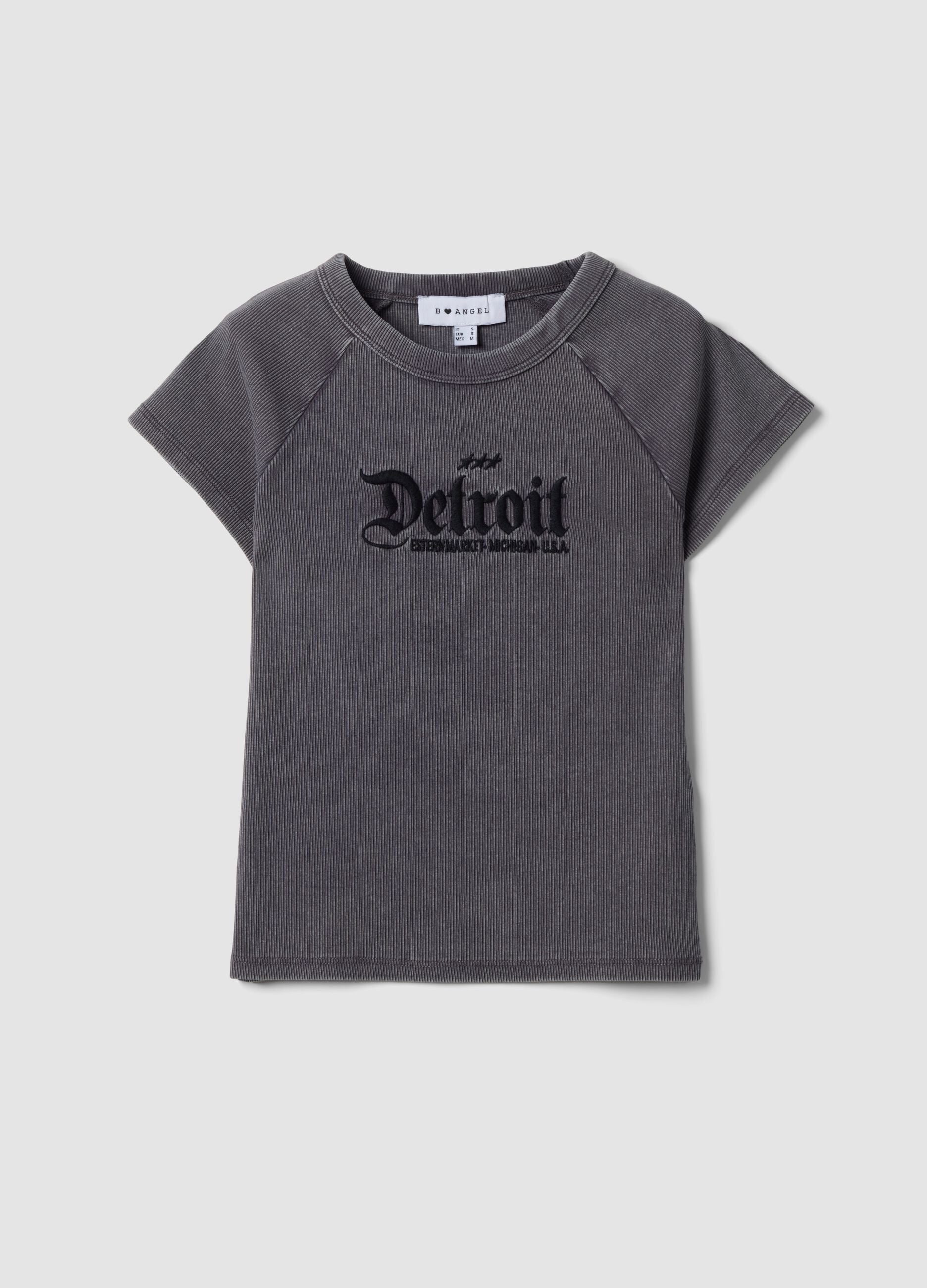 Grey fitted ribbed stretch cotton T-shirt with Detroit slogan