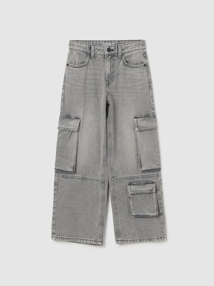 Girls' straight grey cargo jeans in pure cotton_0