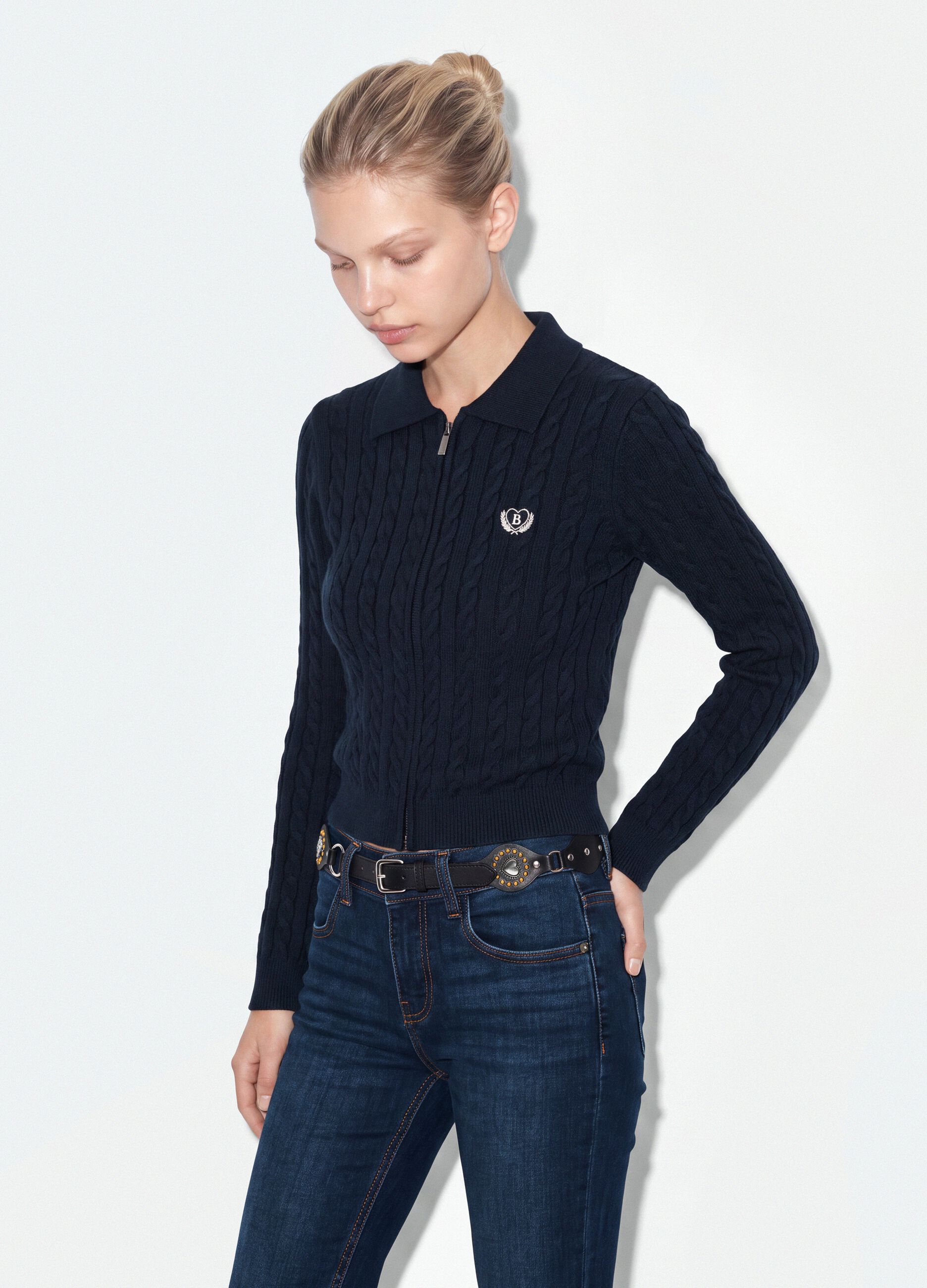 Navy viscose-blend fitted cardigan with polo collar
