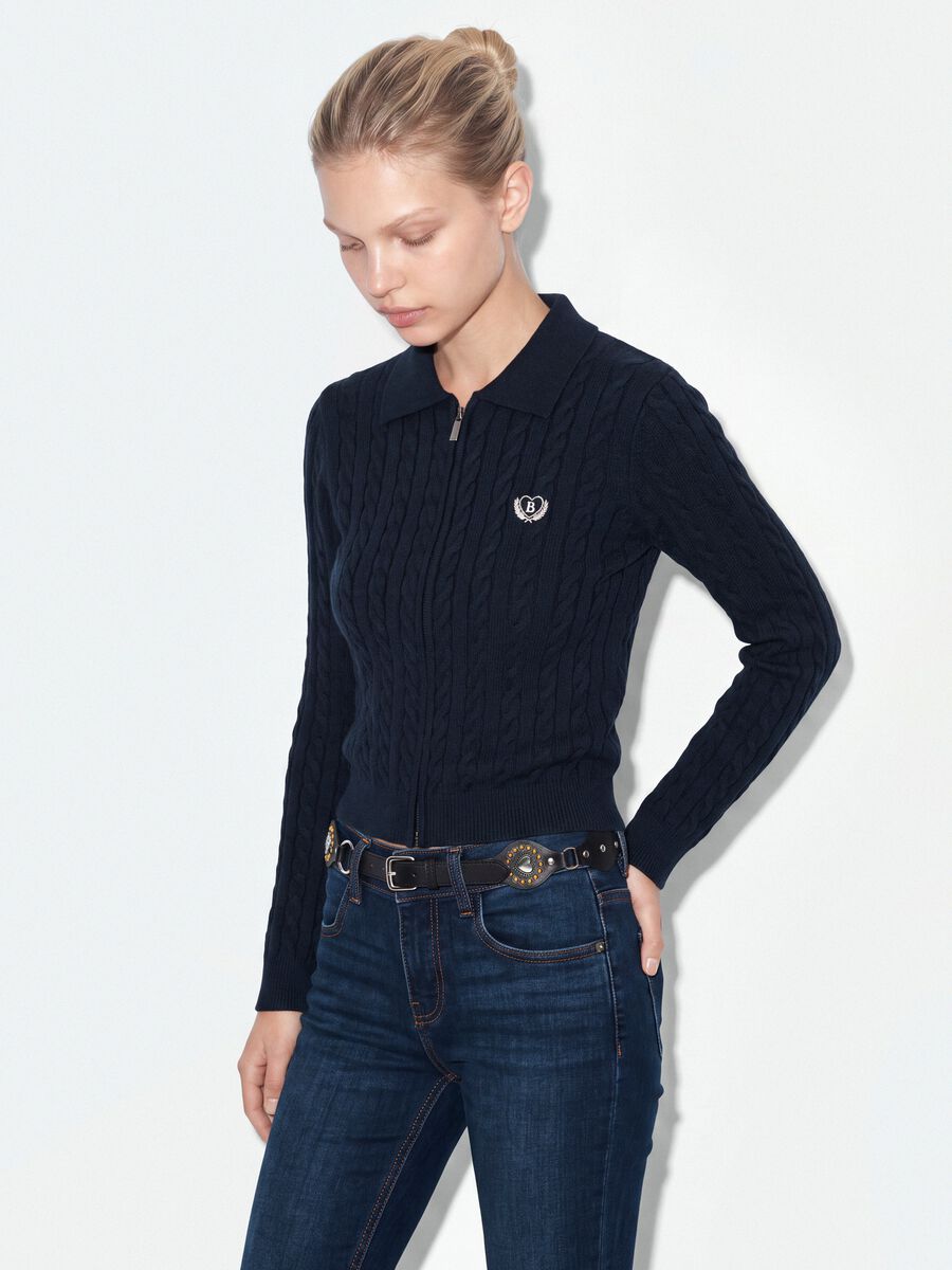 Cardigan blu scuro in misto viscosa con collo polo fitted_0