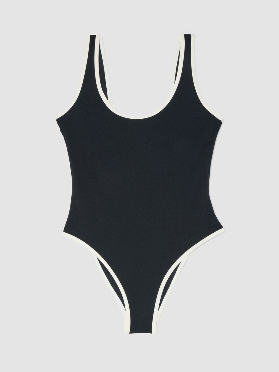 Black stretch one-piece swimsuit with white trim_5