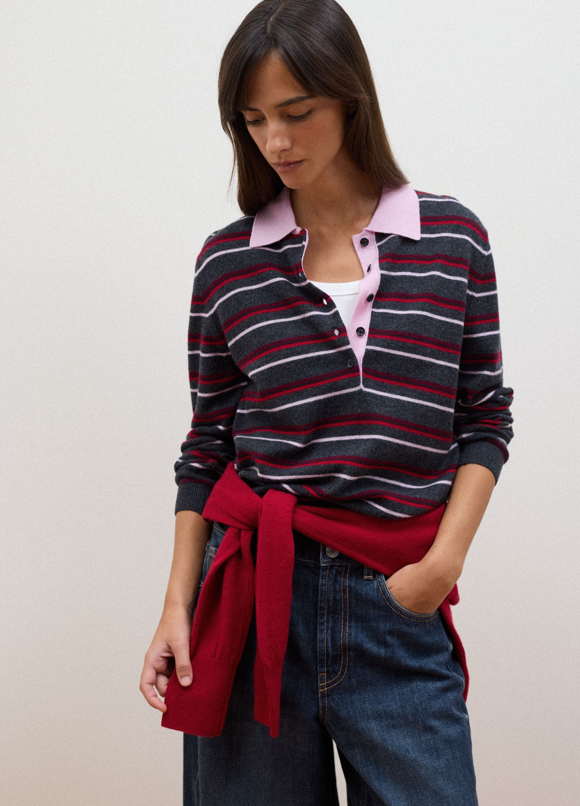 Maglia multicolor in pura lana con colletto polo fitted