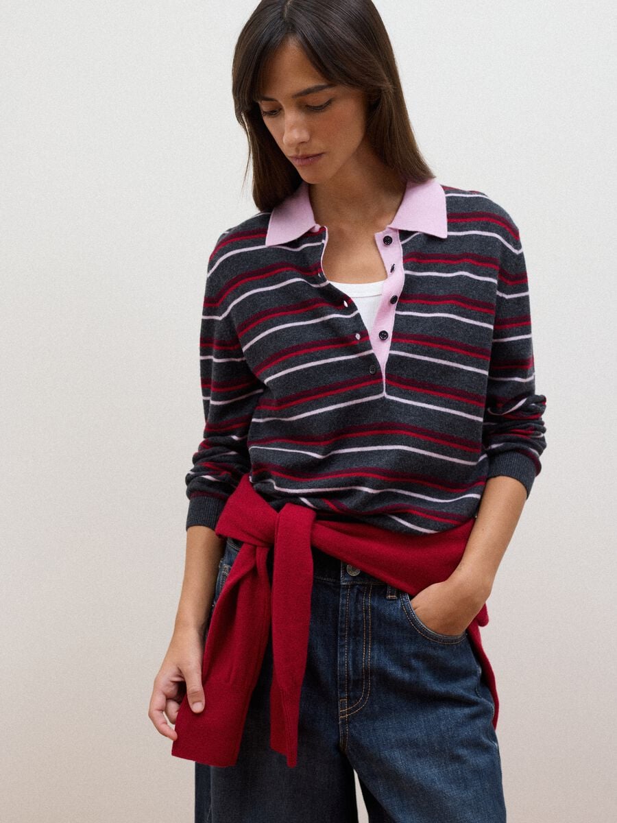 Maglia multicolor in pura lana con colletto polo fitted_0