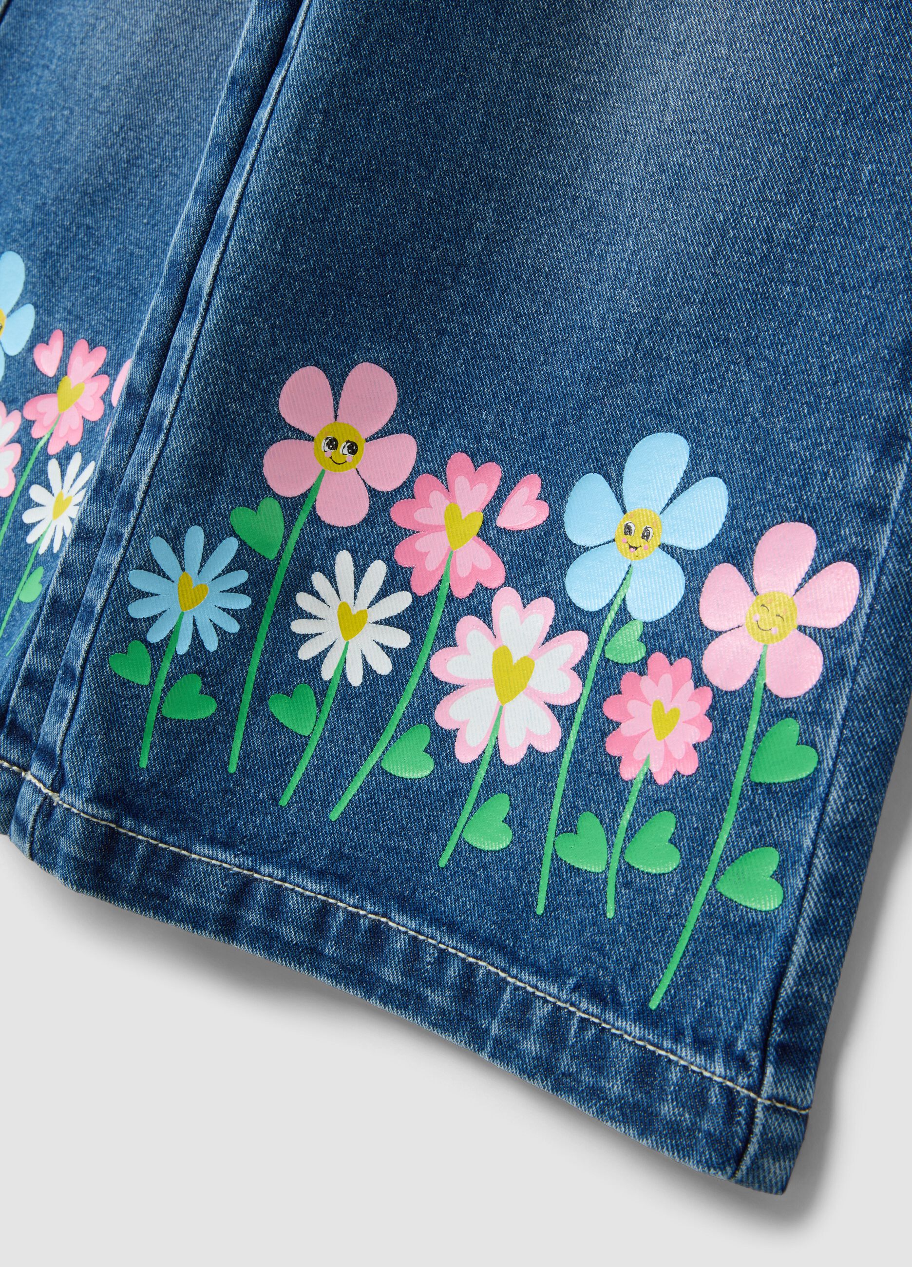 Blue wide-leg pure cotton jeans with floral print for girls
