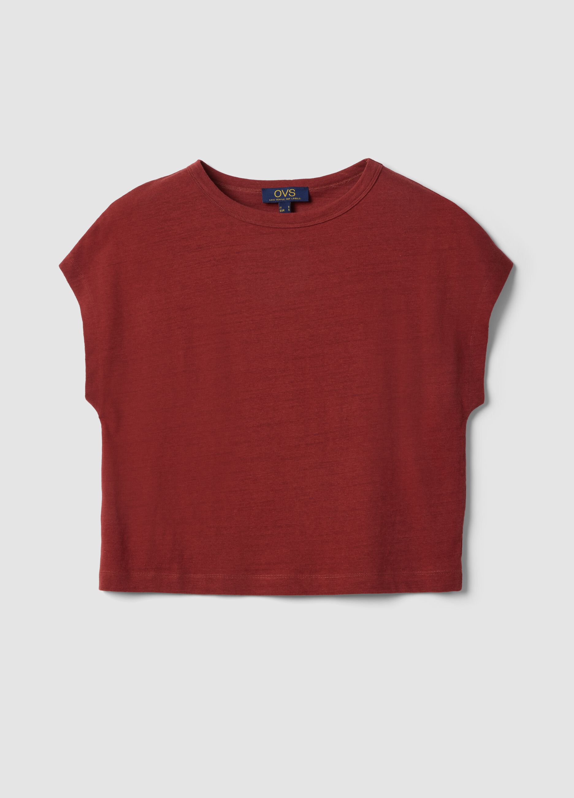 Red cotton-linen blend short-sleeve T-shirt, regular fit
