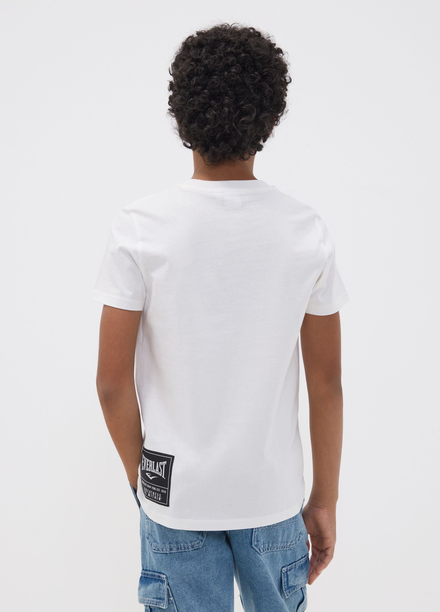White pure cotton T-shirt with front print, regular fit for boys