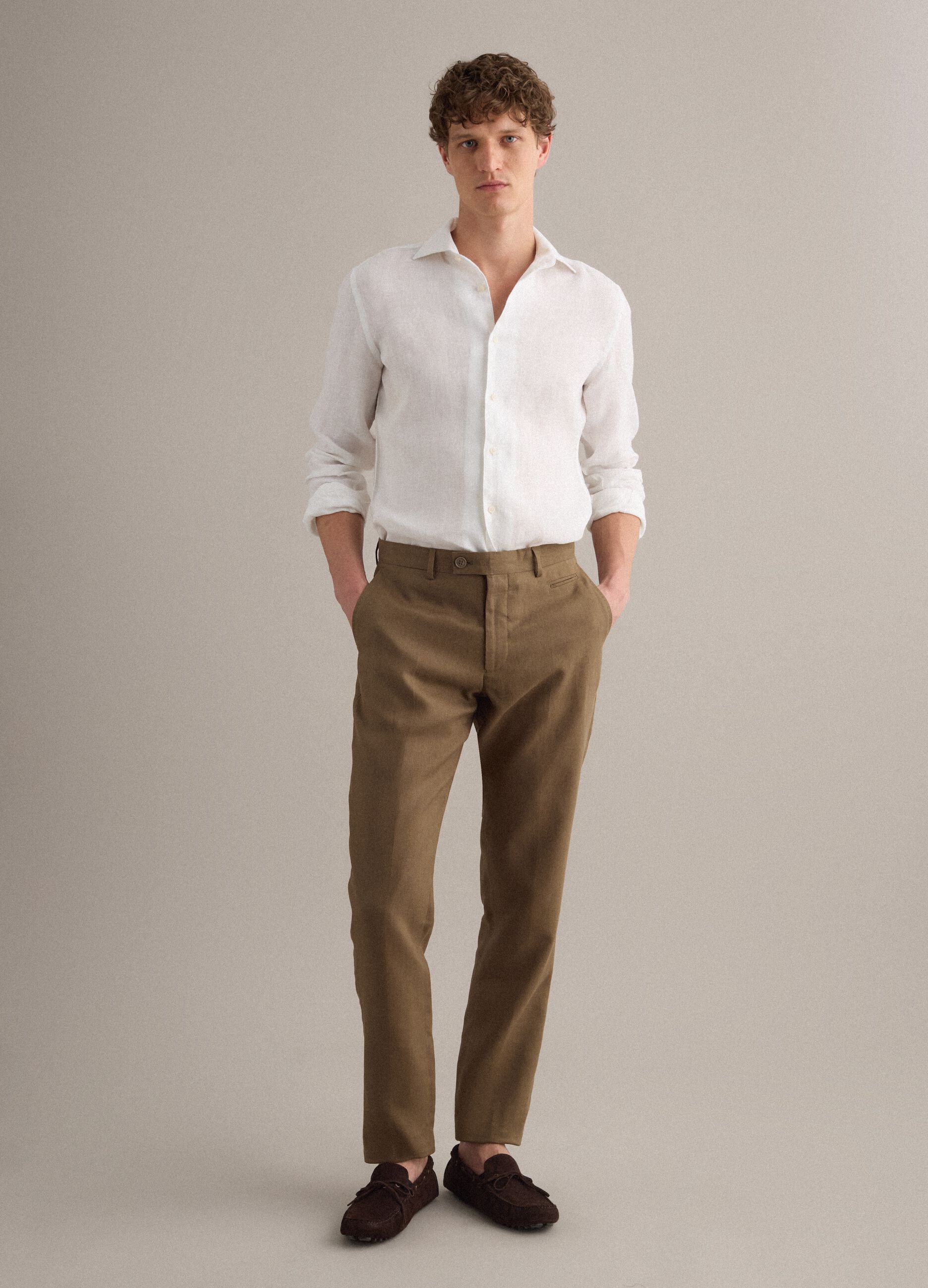 White pure linen long-sleeve slim fit shirt