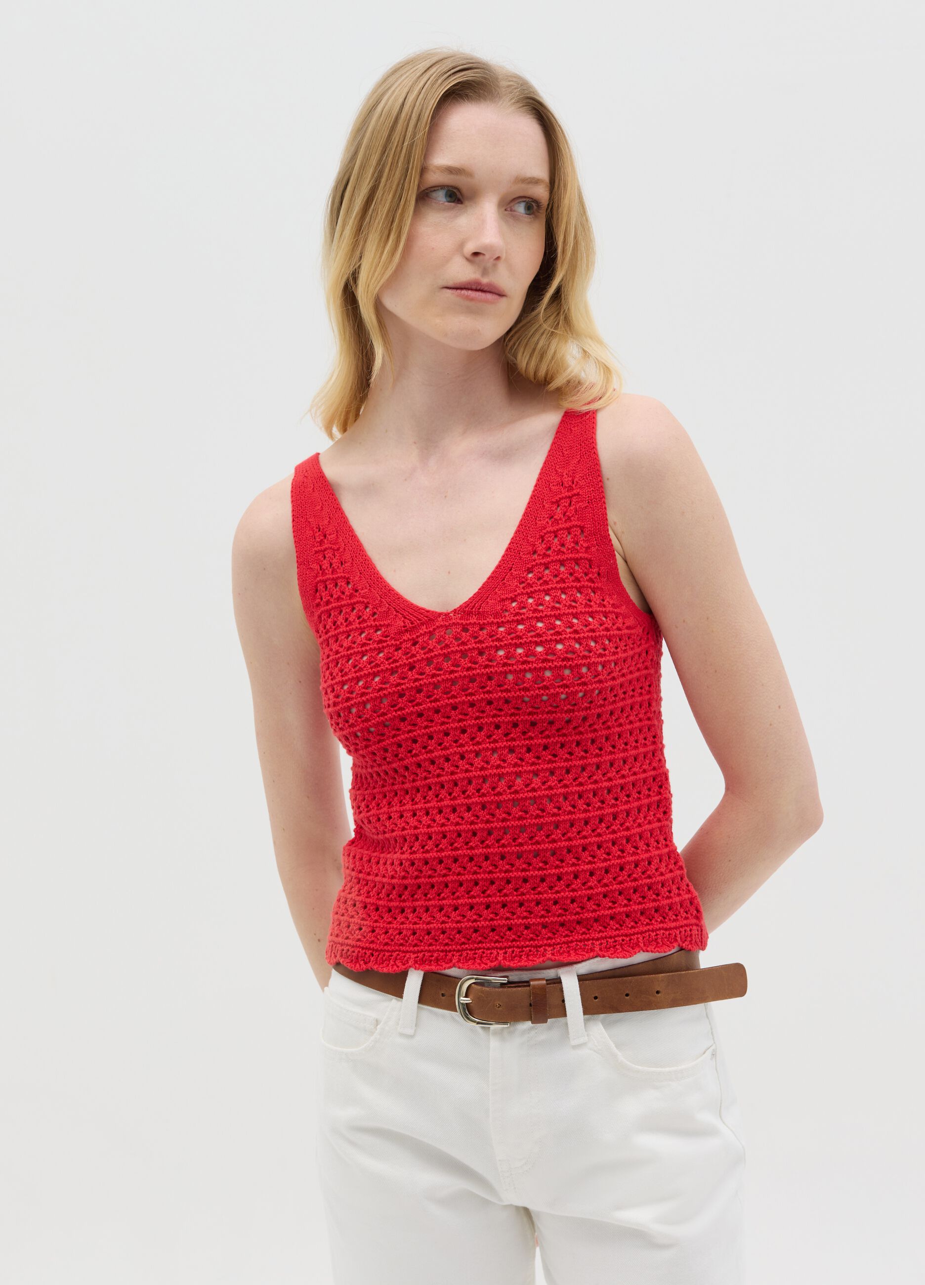 Tank top crochet con scollo a V rosso