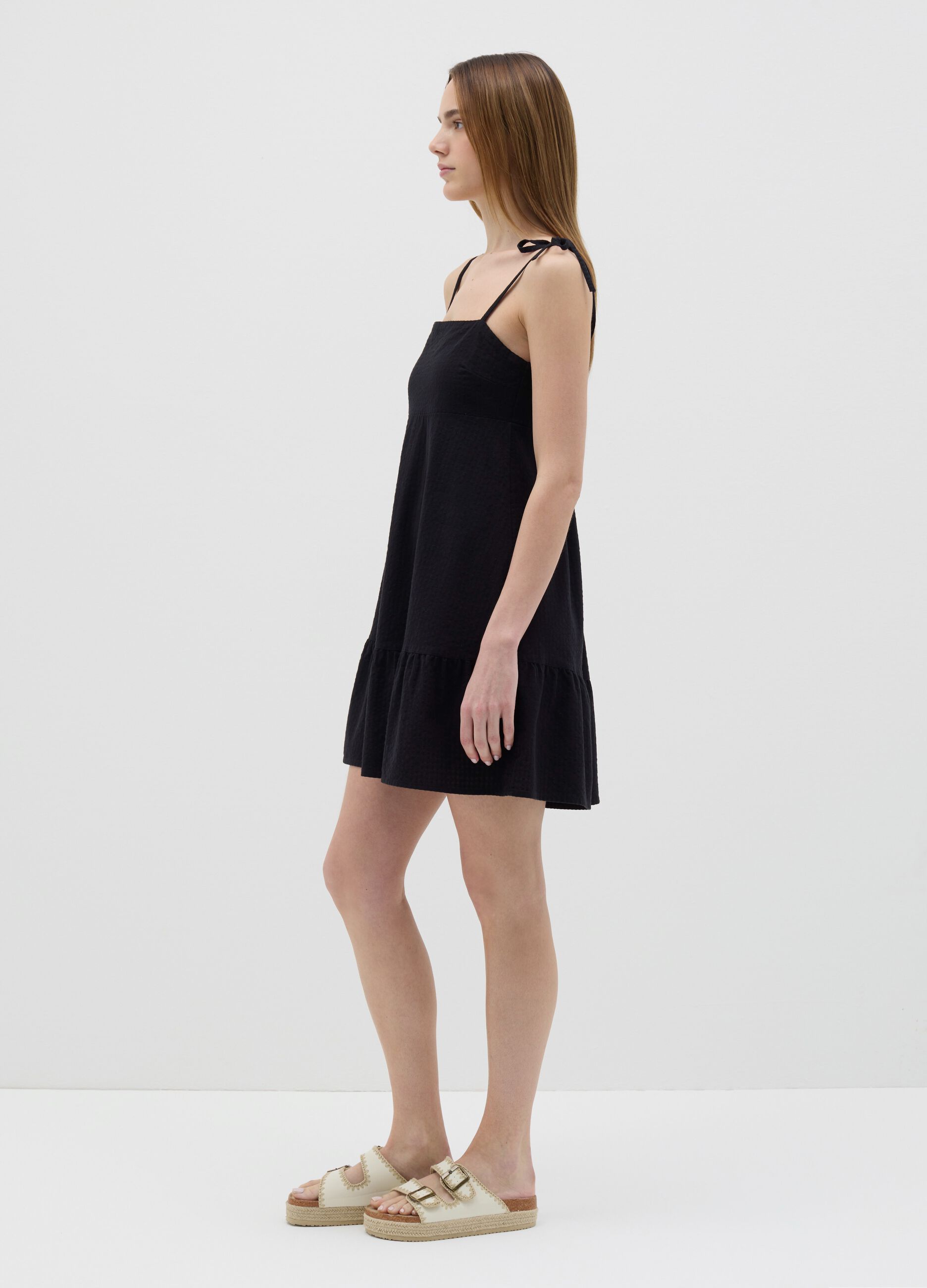 Women’s black dress in 100% cotton with regular fit and square neckline