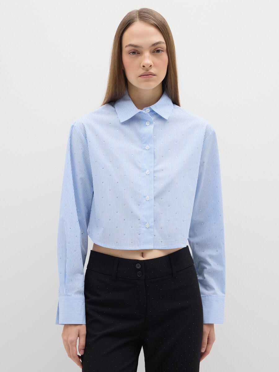 Multicoloured stripe shirt in pure cotton regular fit with rhinestones_0