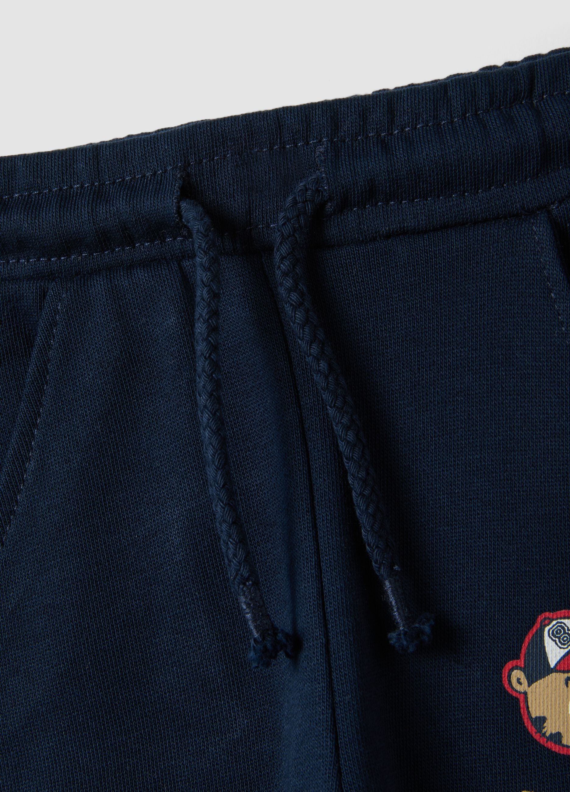 Blue pure cotton jogger trousers with teddy bear print, regular fit, for baby boy