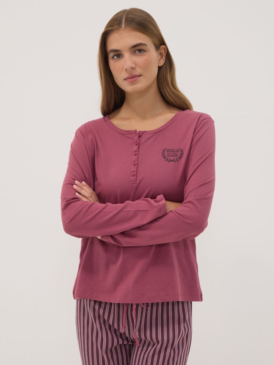 Pink pure organic cotton pyjamas with Henley neckline_1