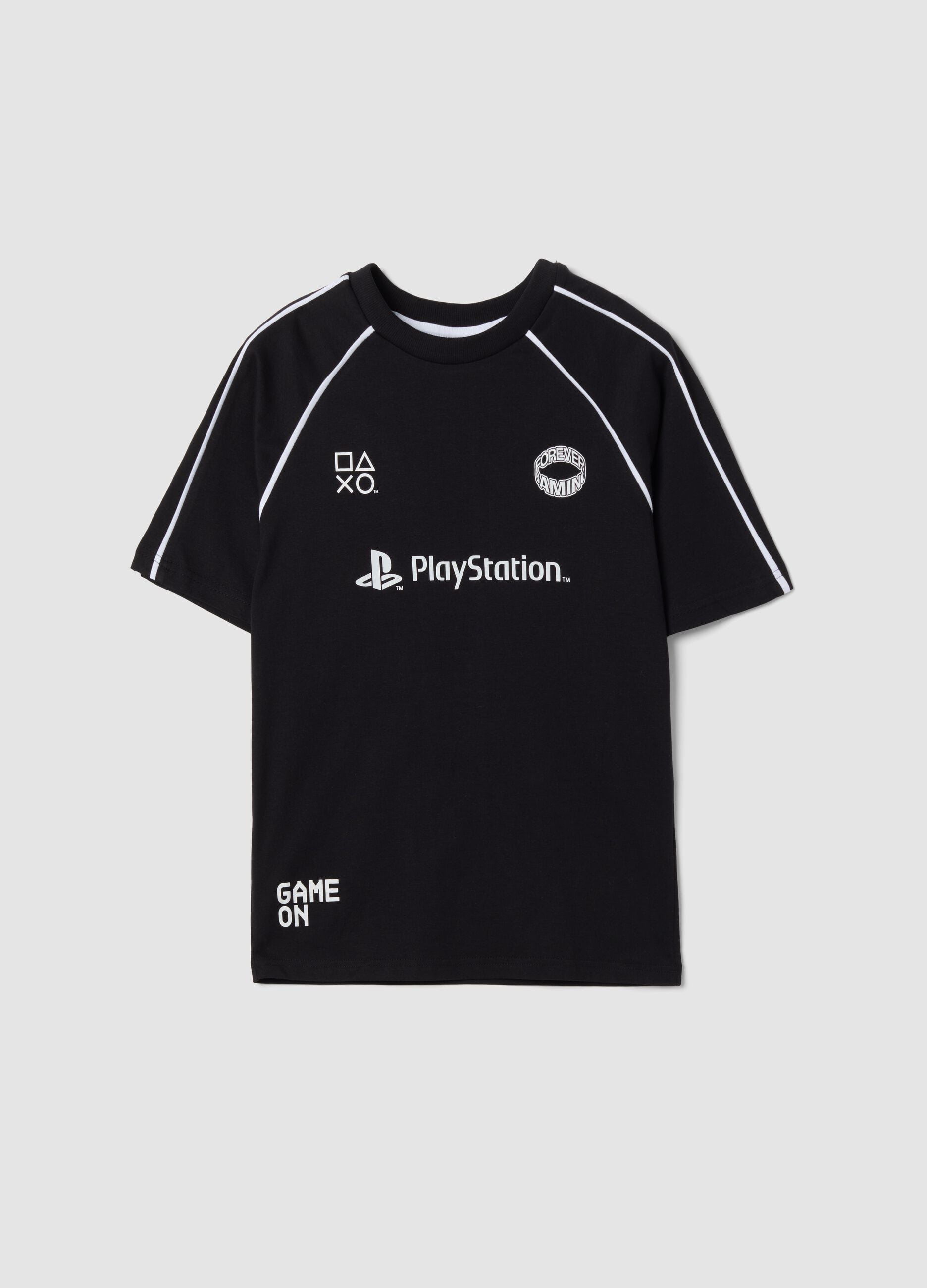 T-shirt nera in puro cotone con girocollo e stampa Playstation
