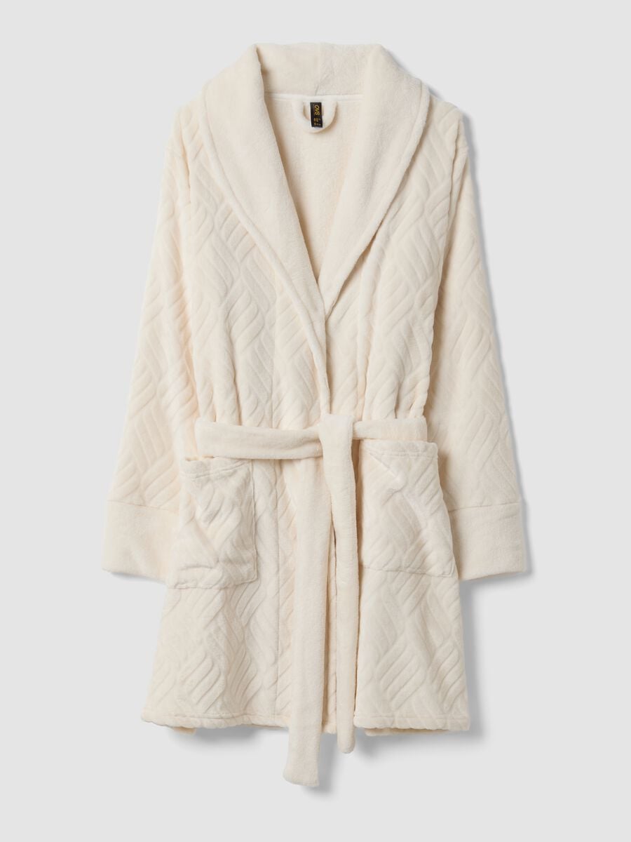 Beige quilted dressing gown with belt and shawl collar_0