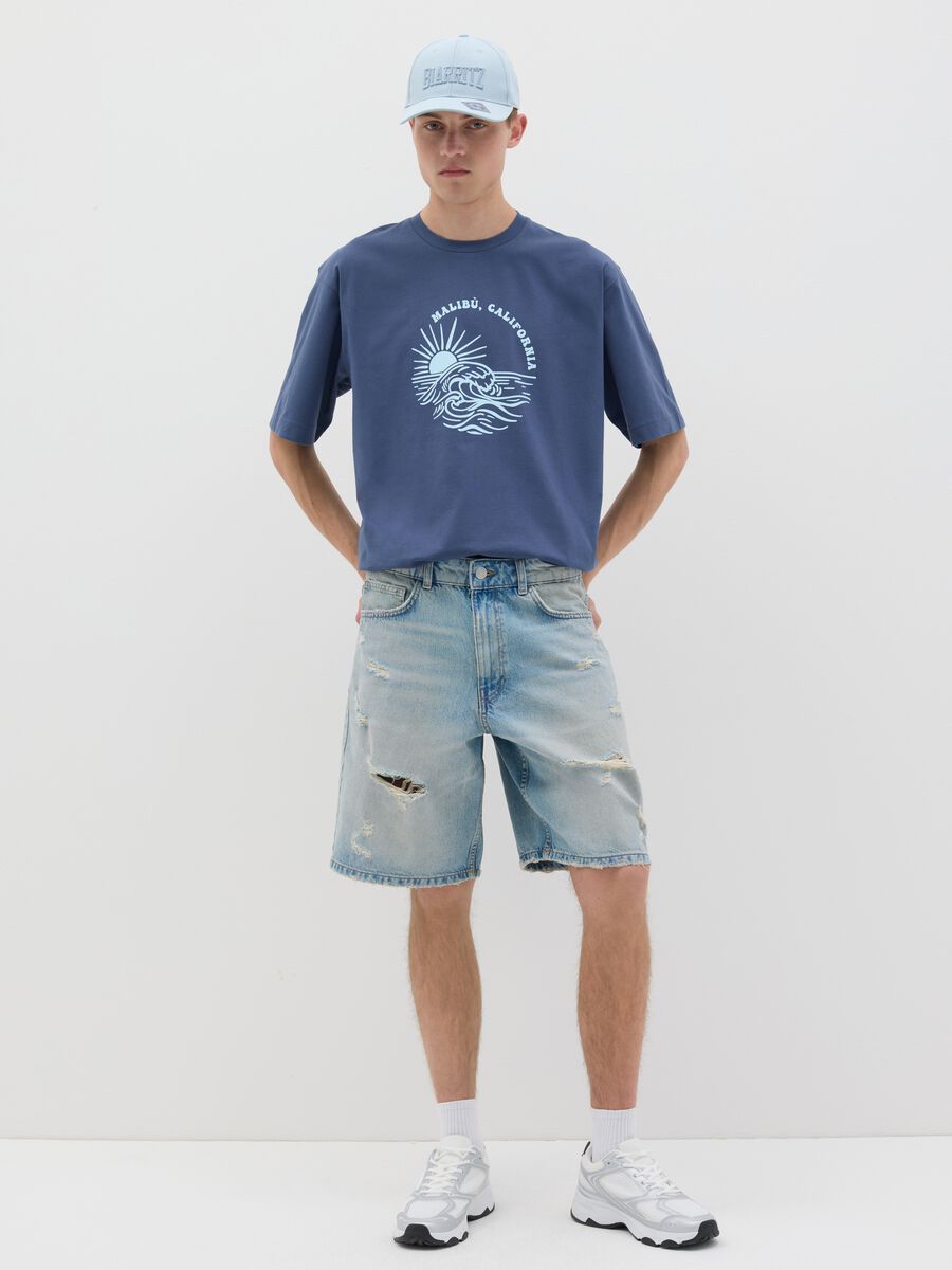 Men's blue cotton T-shirt with Malibu print_1