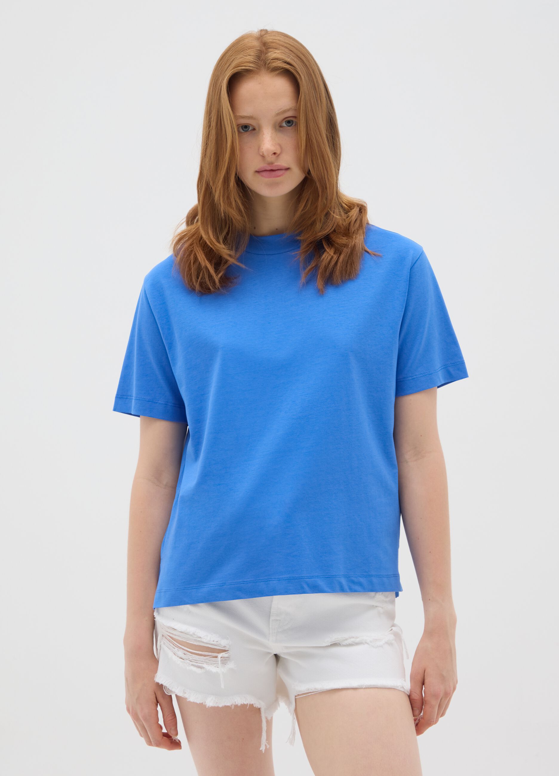 Women's blue pure cotton regular fit T-shirt
