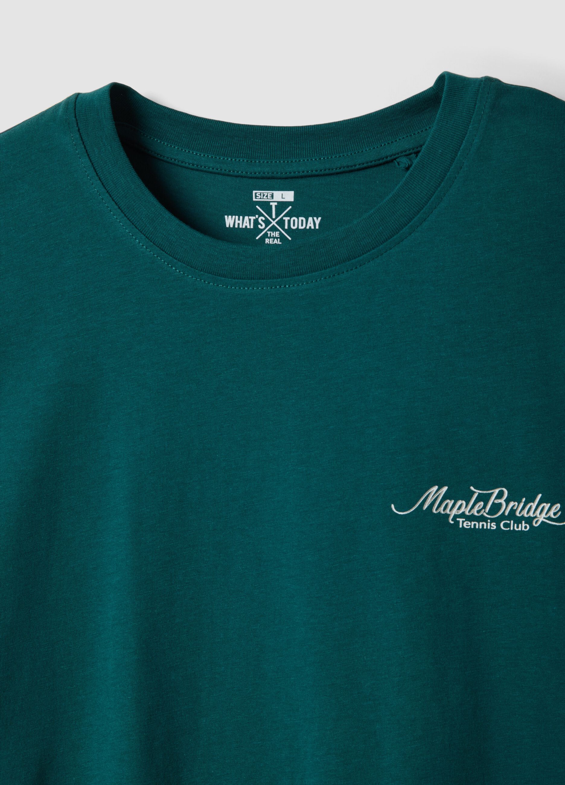 Green pure cotton T-shirt with slogan and back print, regular fit