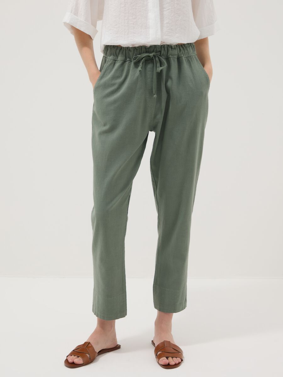 Green linen-cotton blend trousers with elasticated waist, regular fit_1