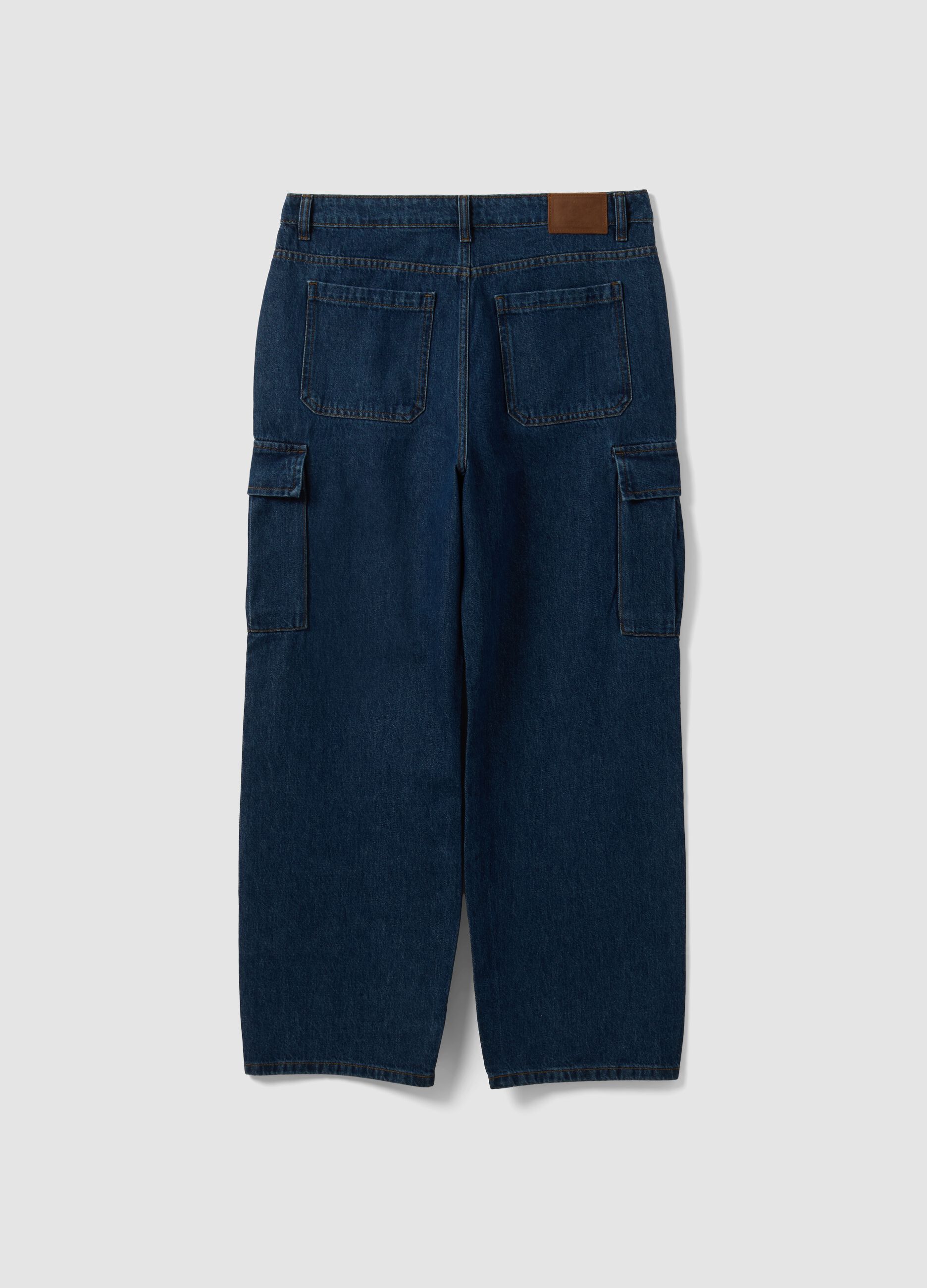 Dark blue pure cotton wide-leg cargo jeans
