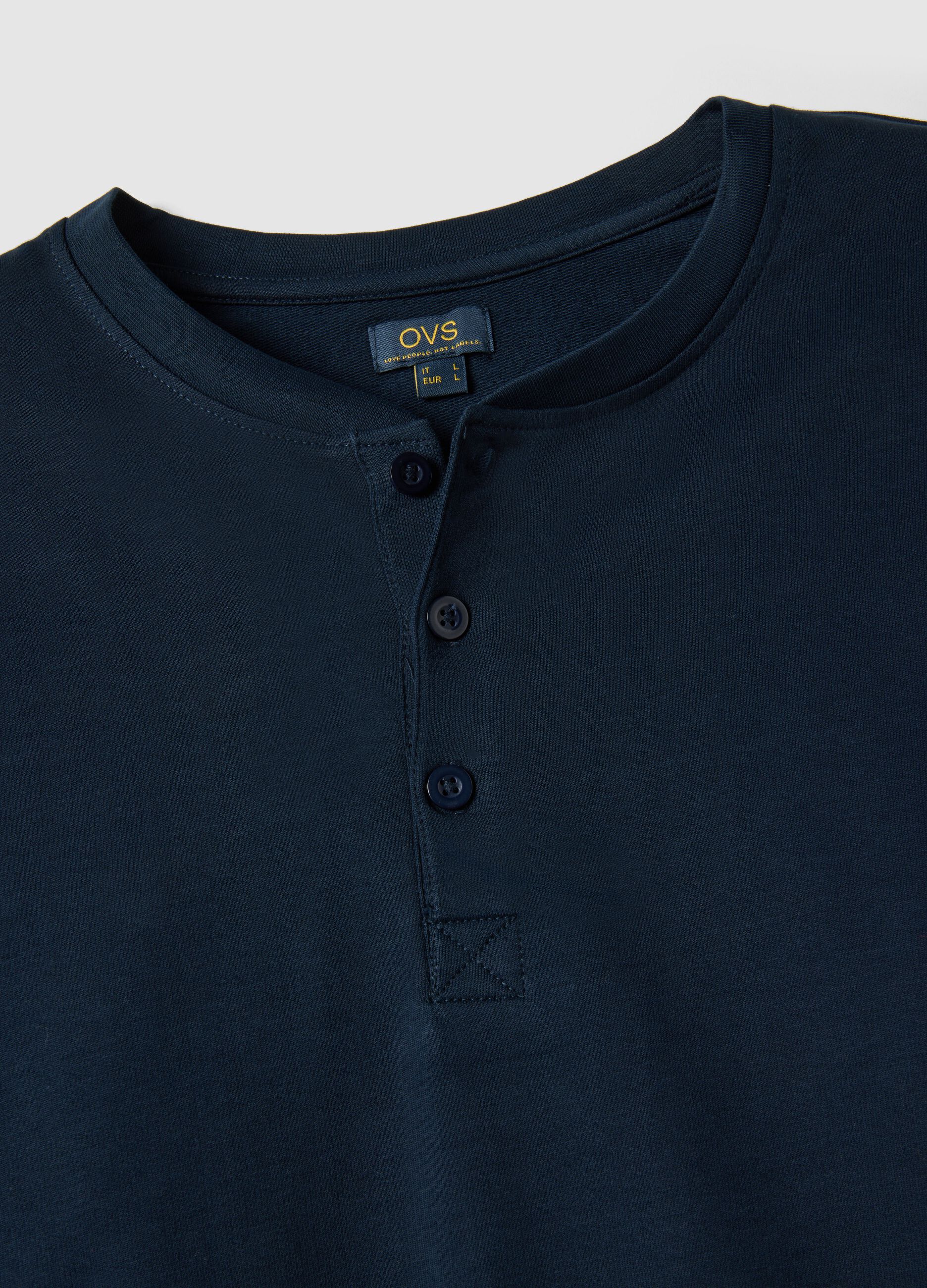 Blue long pyjama in pure cotton, regular fit with Henley collar
