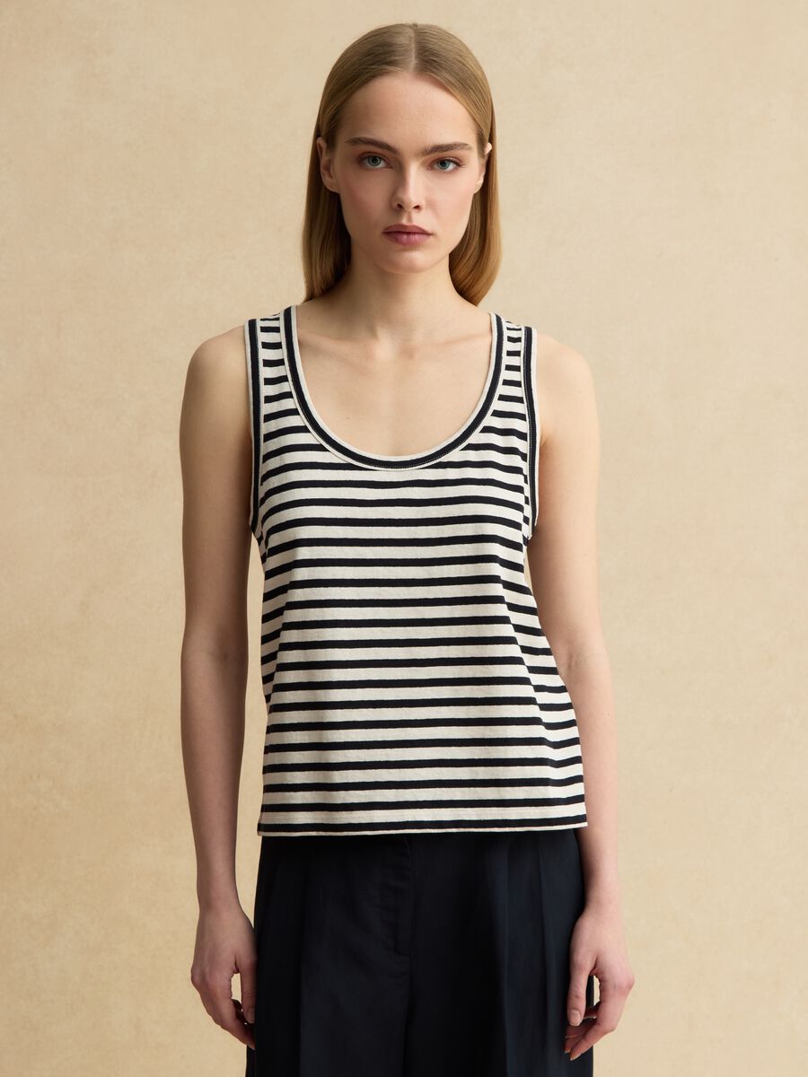 Multicolor striped regular fit cotton and linen tank top_1