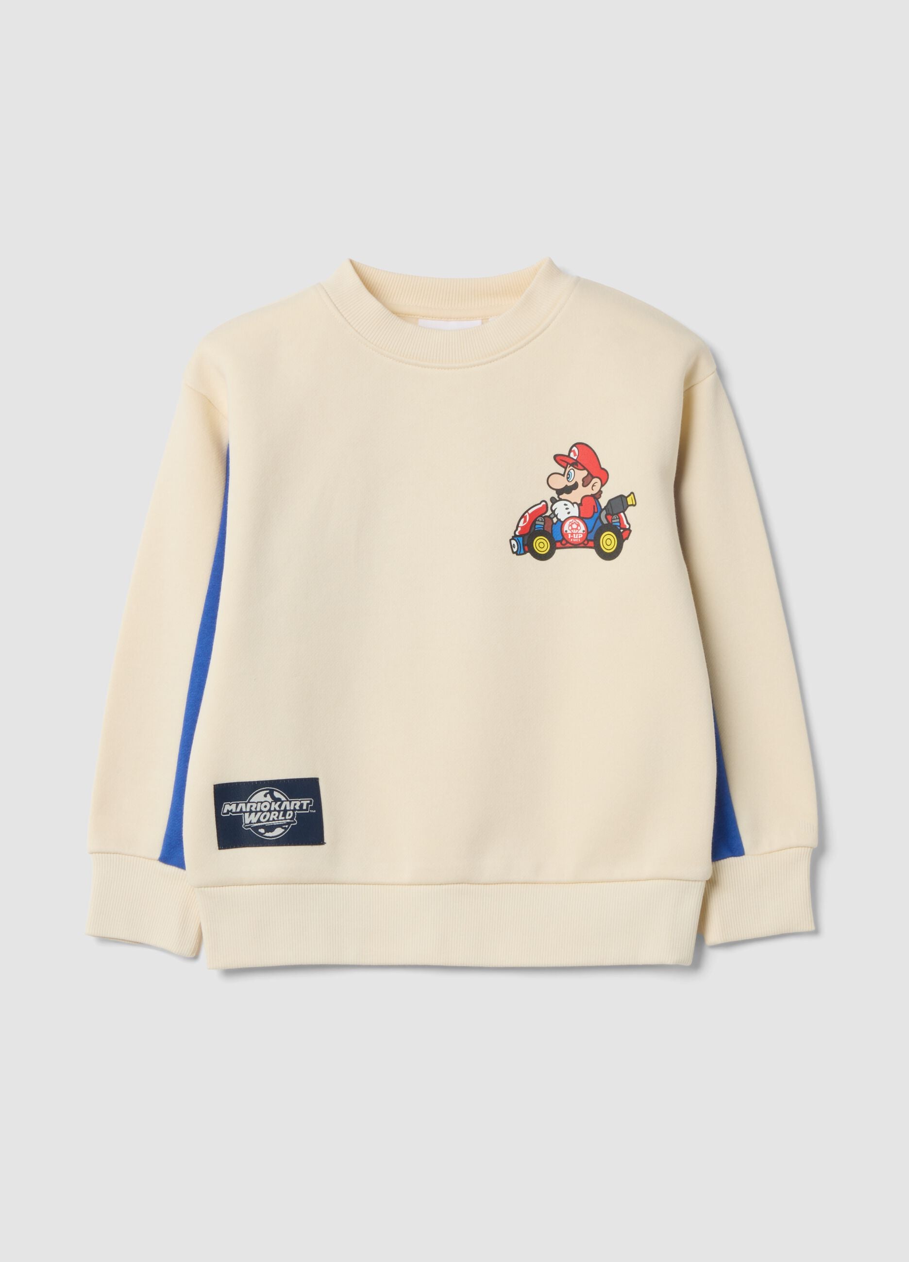 Beige cotton-blend crew-neck sweatshirt with Mario Kart print, oversized fit