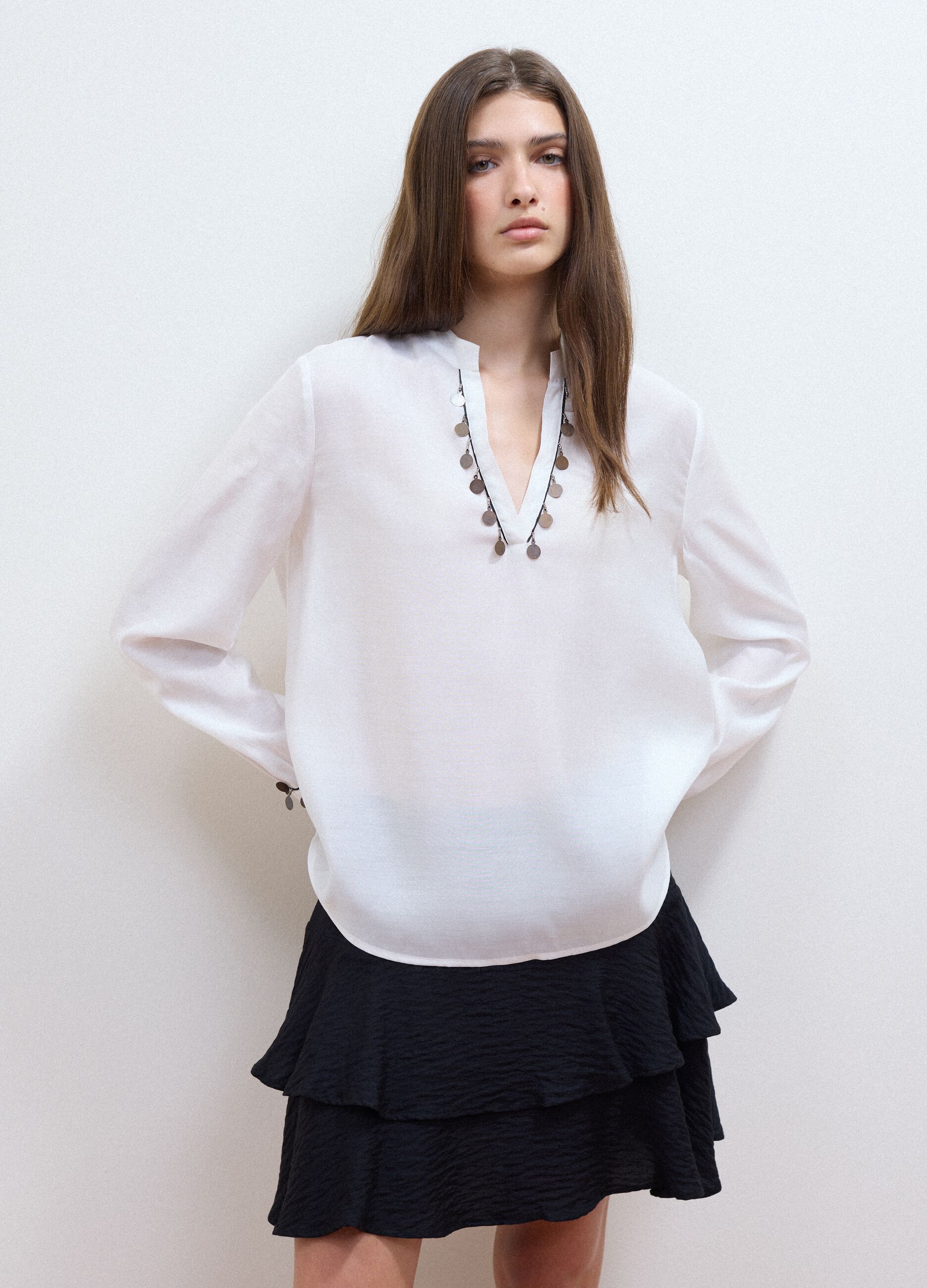 White viscose-blend shirt with charms and V-neck regular fit